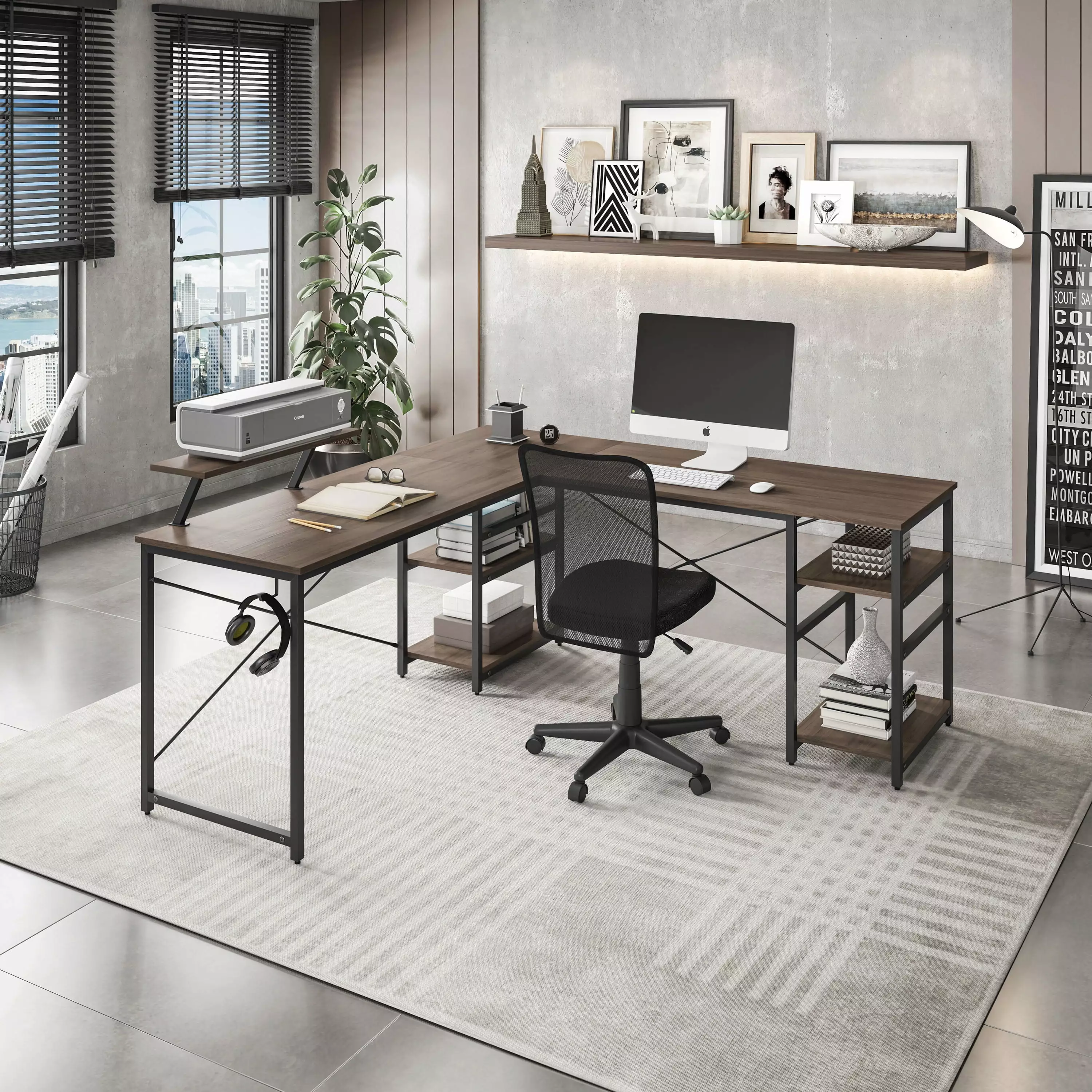 Techni Mobili L-Shape Industrial Desk Storage Shelves Walnut - Modern Office Workstation