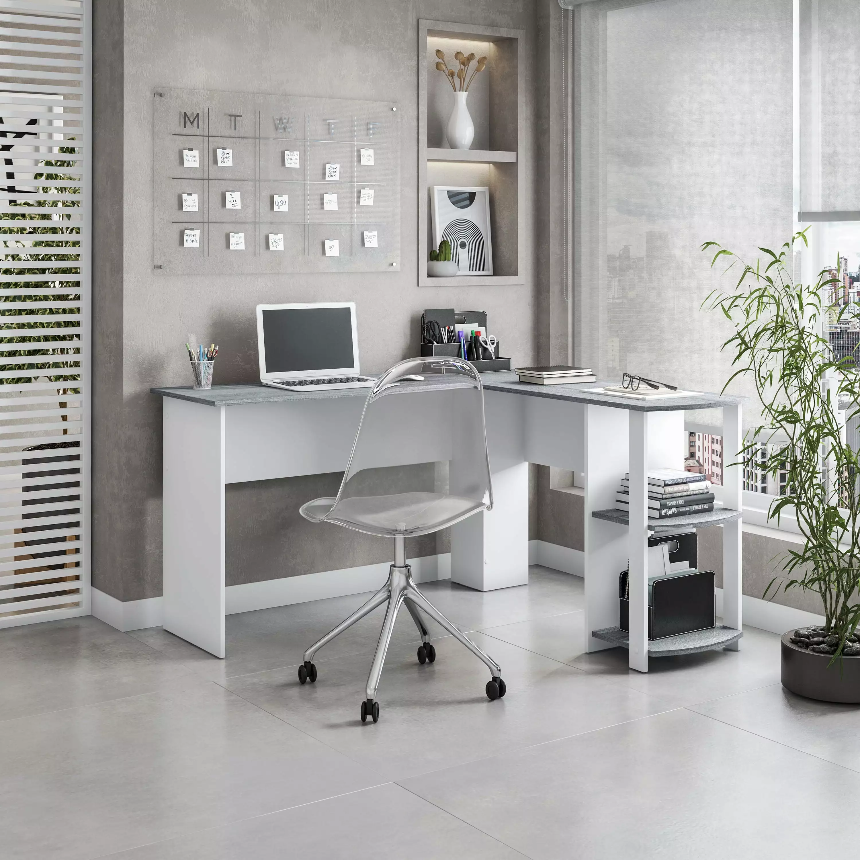 Techni Mobili Modern L-Shaped Desk Side Shelves Gray