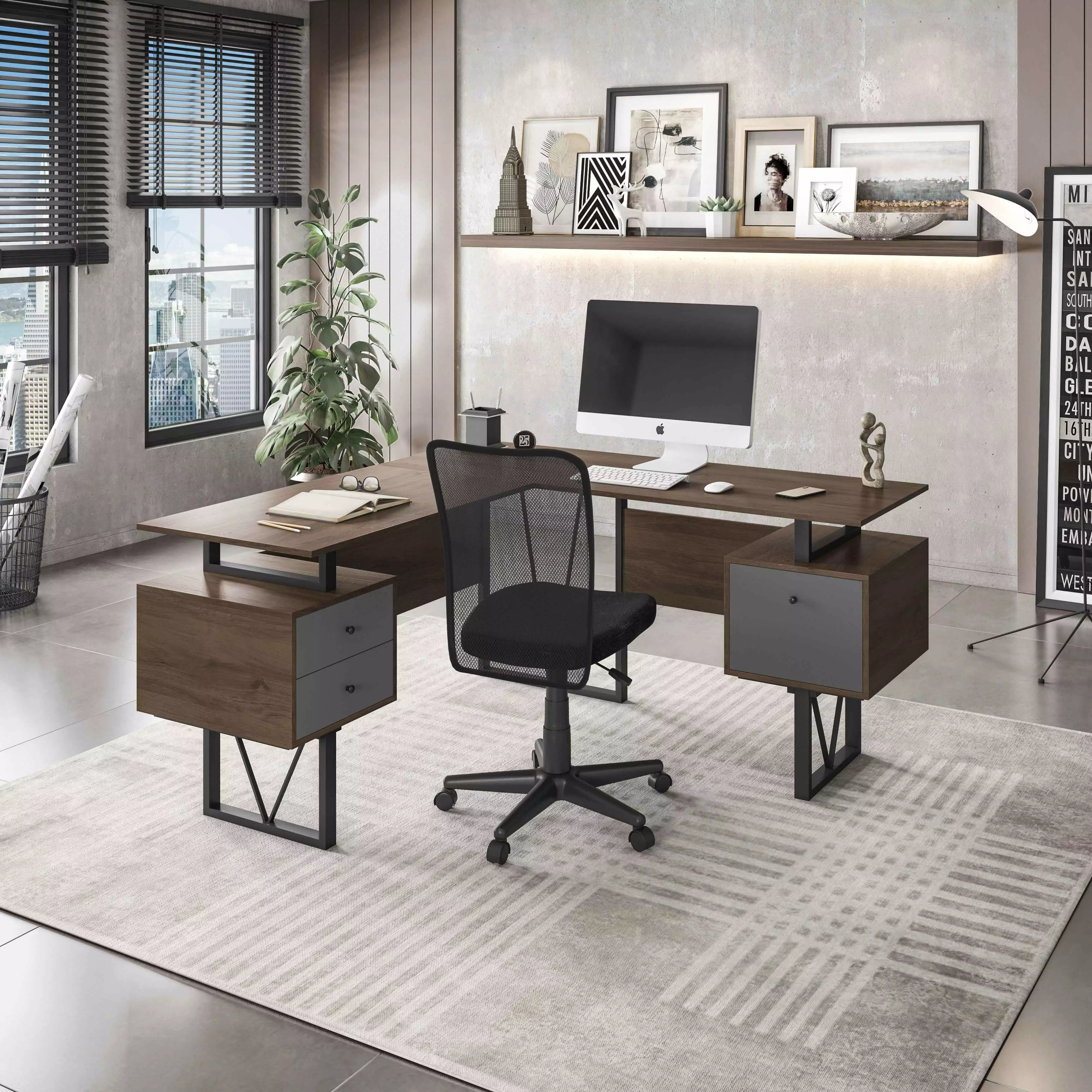 Techni Mobili Reversible L-Shape Computer Desk Drawers and File Cabinet Walnut Gray