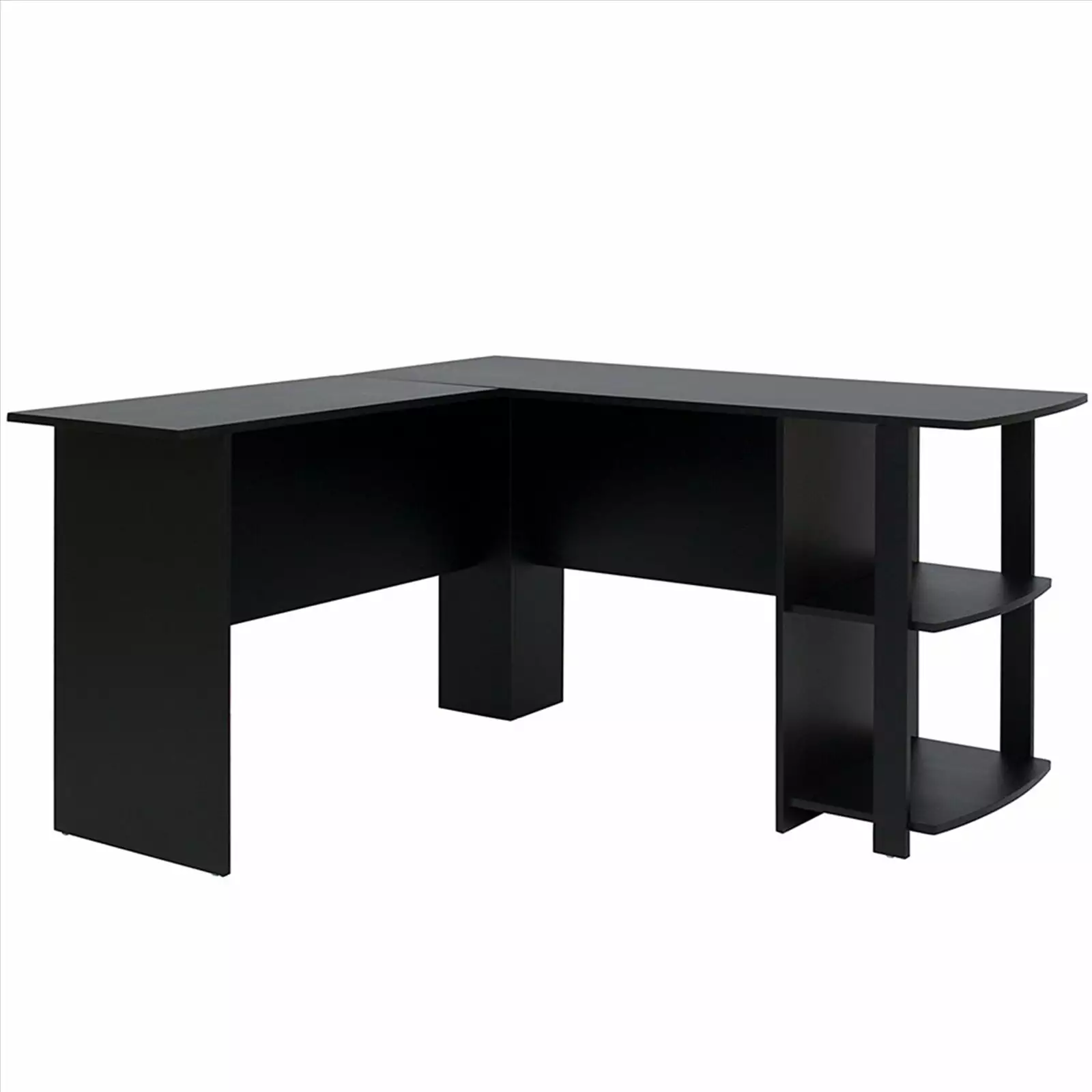 FCH L-Shaped Wood Right-angle Computer Desk Two-layer Bookshelves Black Home Office Workstation TEMI