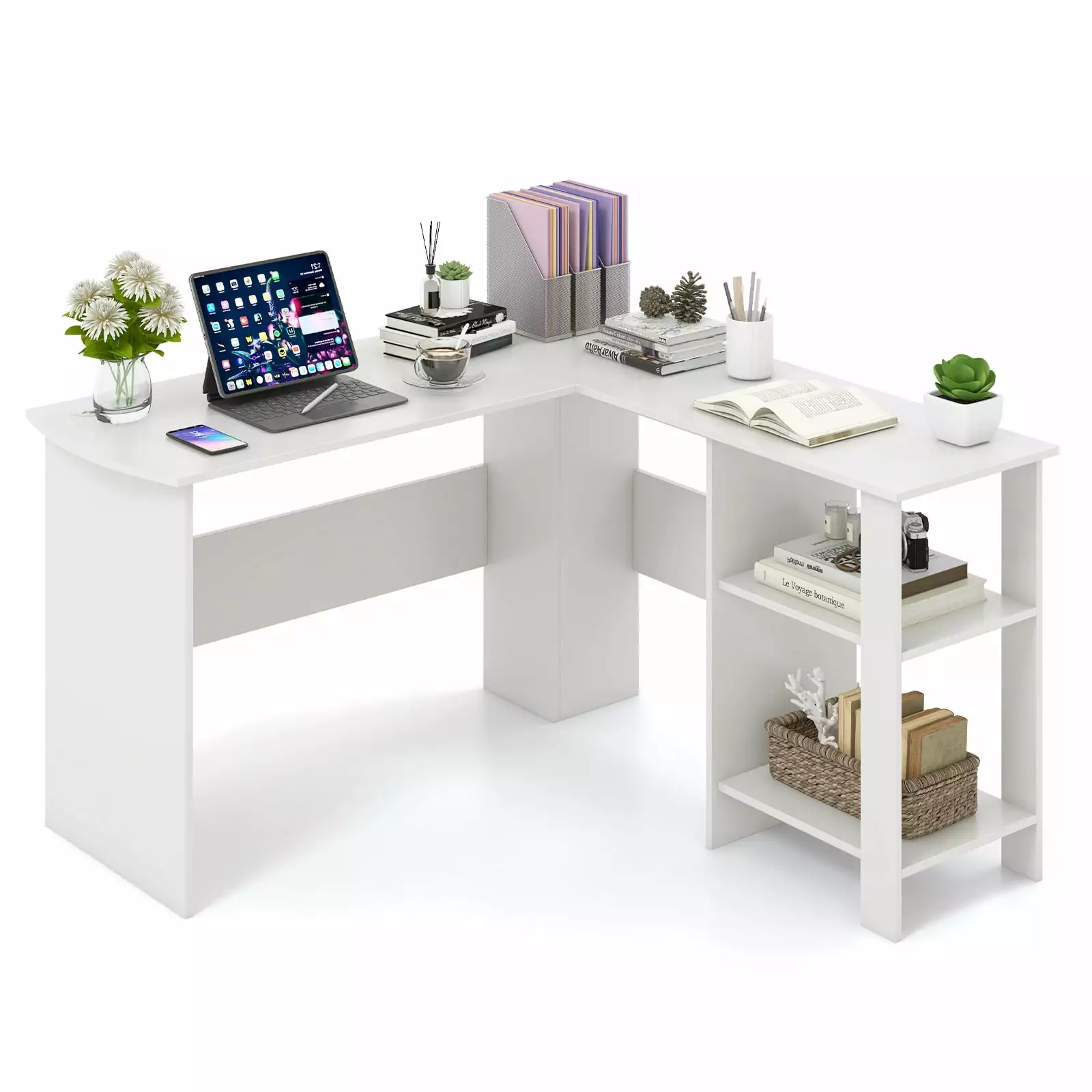 Topbuy Large L-shaped Computer Desk Modern Home Office Writing Desk 2 Cable Holes 2 Storage Shelves