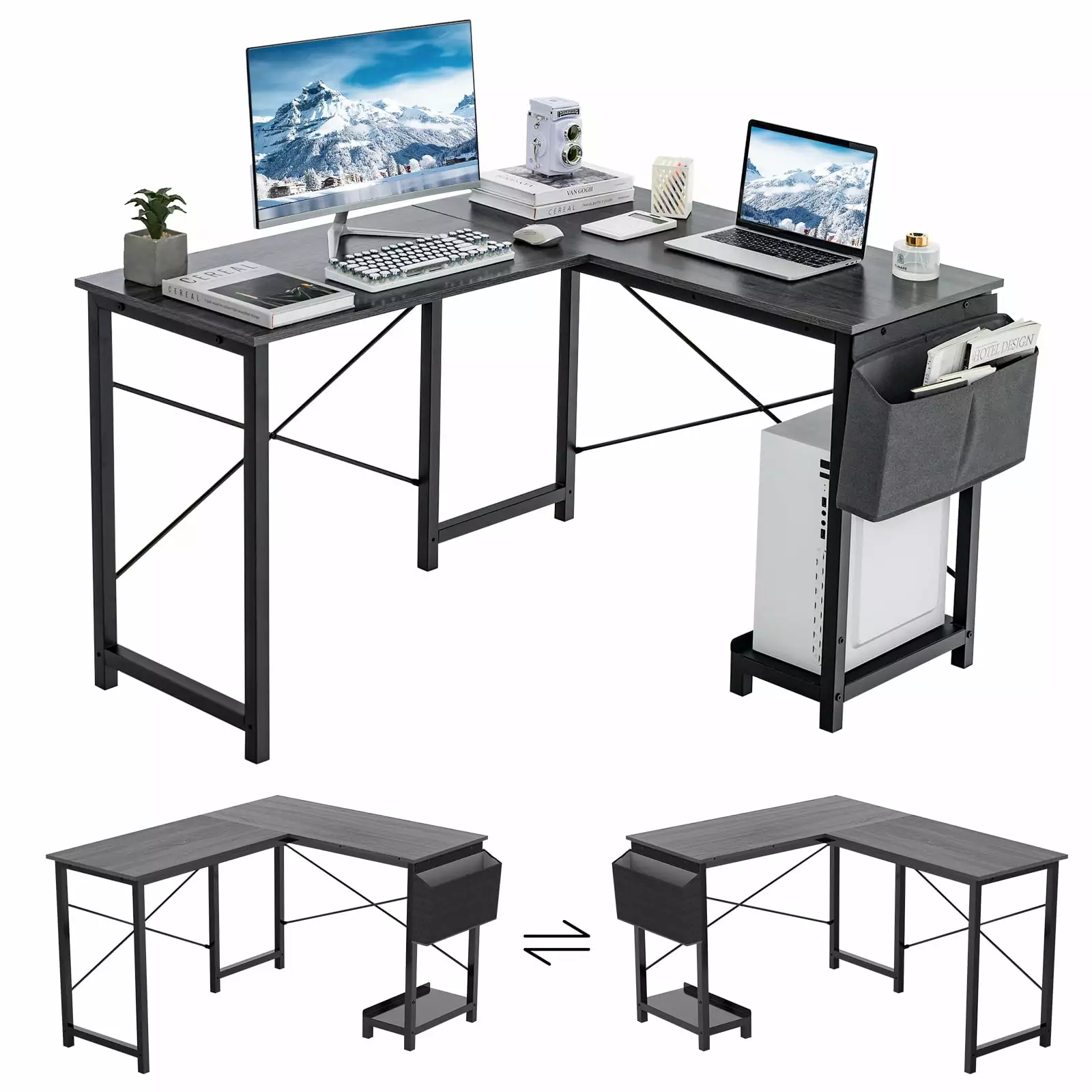 Topbuy L-Shaped Computer Desk Reversible Home Office Desk Side Storage Bag & Host Stand Metal Corner Study Writing Desk