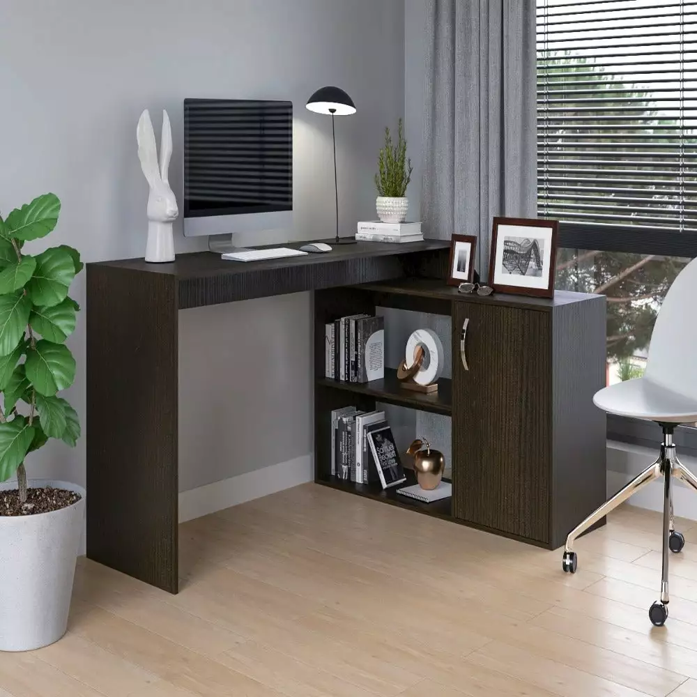 Treevol Furniture L-Shaped Desk Desti Single Door Cabinet - Black Wengue Finish Adults