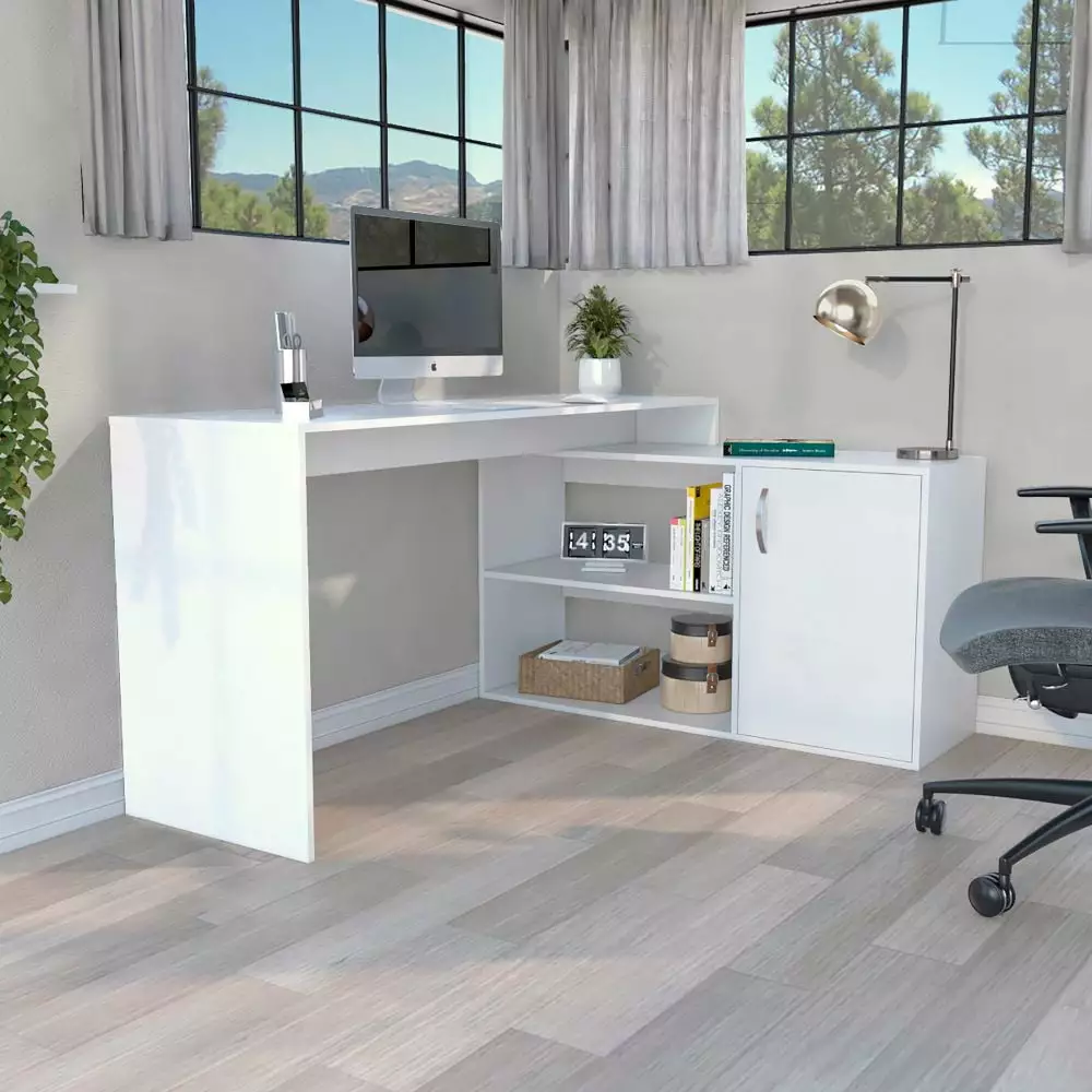 Treevol Furniture L-Shaped Desk Desti Single Door Cabinet White Office Desk