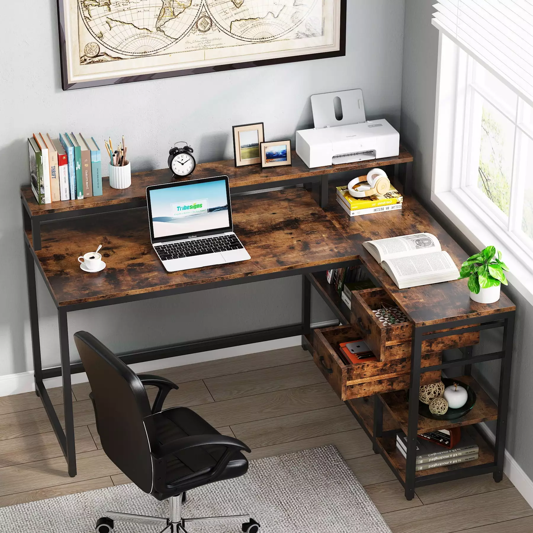L Shaped Desk Drawers and Shelves Dual Monitors Corner Home Office Desk Tribesigns