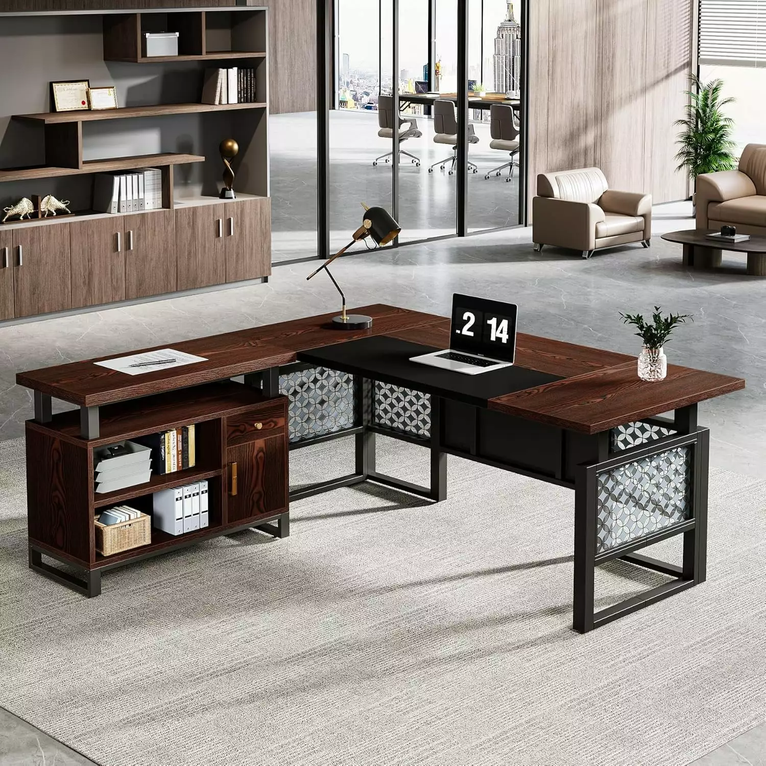 Tribesigns 63 Inch L-Shaped Desk File Cabinet and Shelves Modern Executive Computer Desk