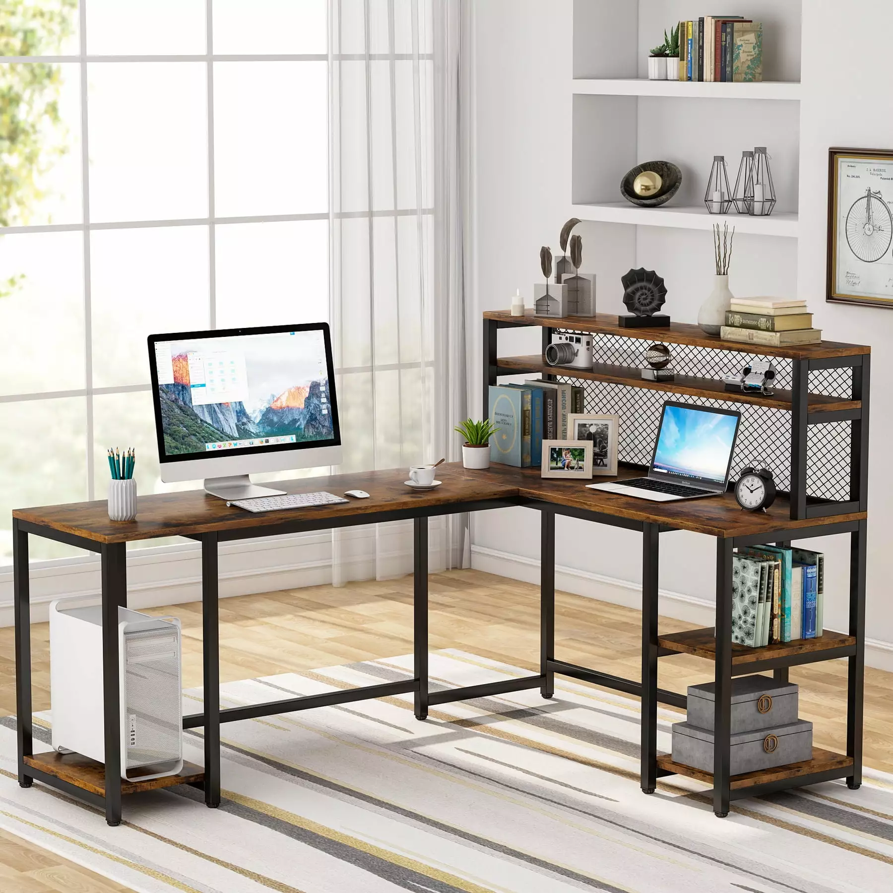 Tribesigns 67 Inch L Shaped Computer Desk Hutch and Bookshelf Home Office Desk Storage Shelves