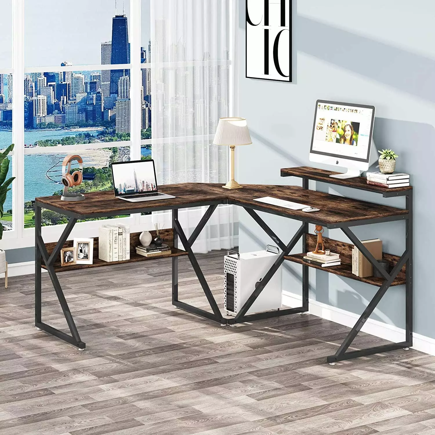 Tribesigns L Shaped Desk 55 Inch Corner Computer Desk Storage Shelves Rustic Brown