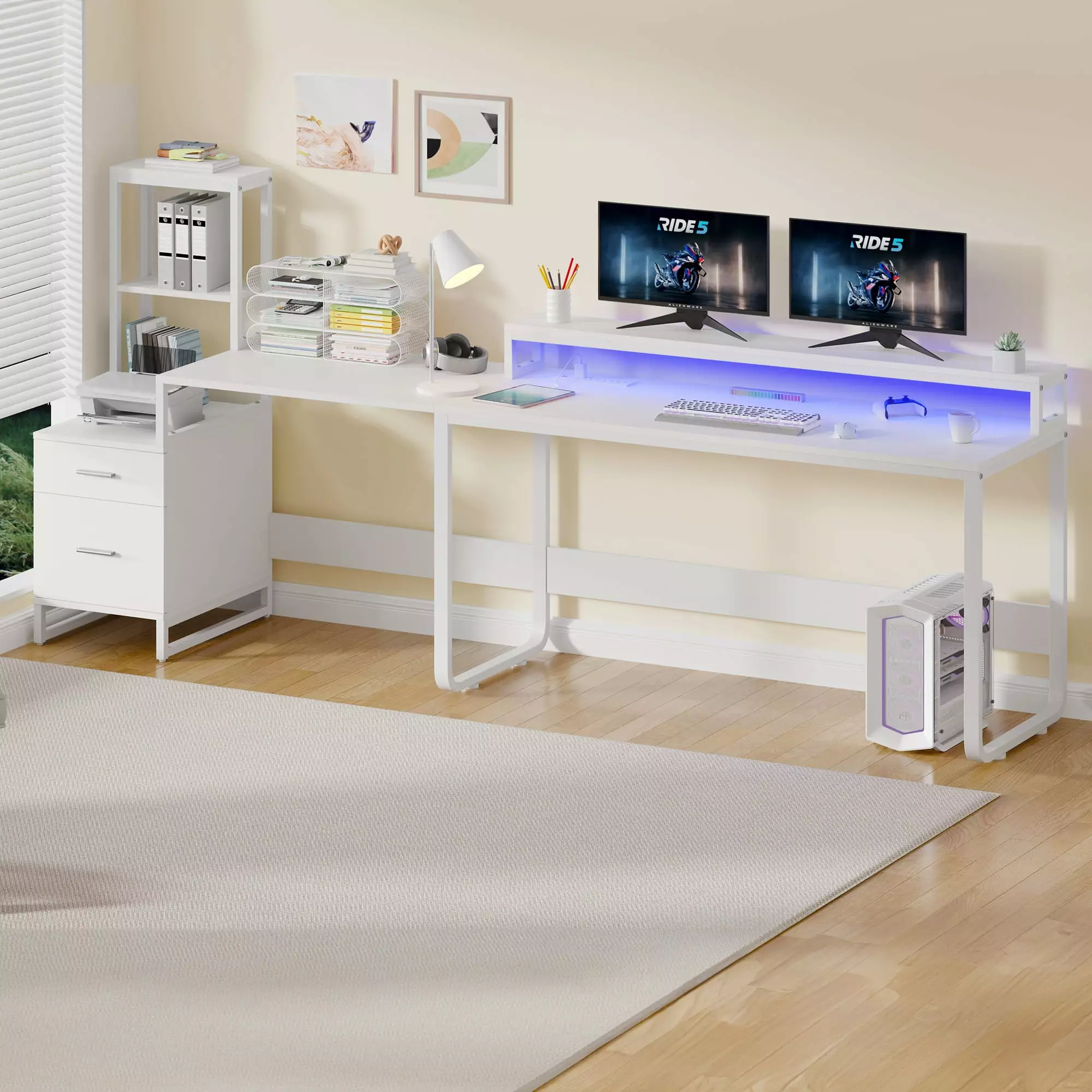 Uforic L Shape Desk Hutch Monitor Stand 2 Drawers LED Light and Power Outlet Reversible Large Computer Desk