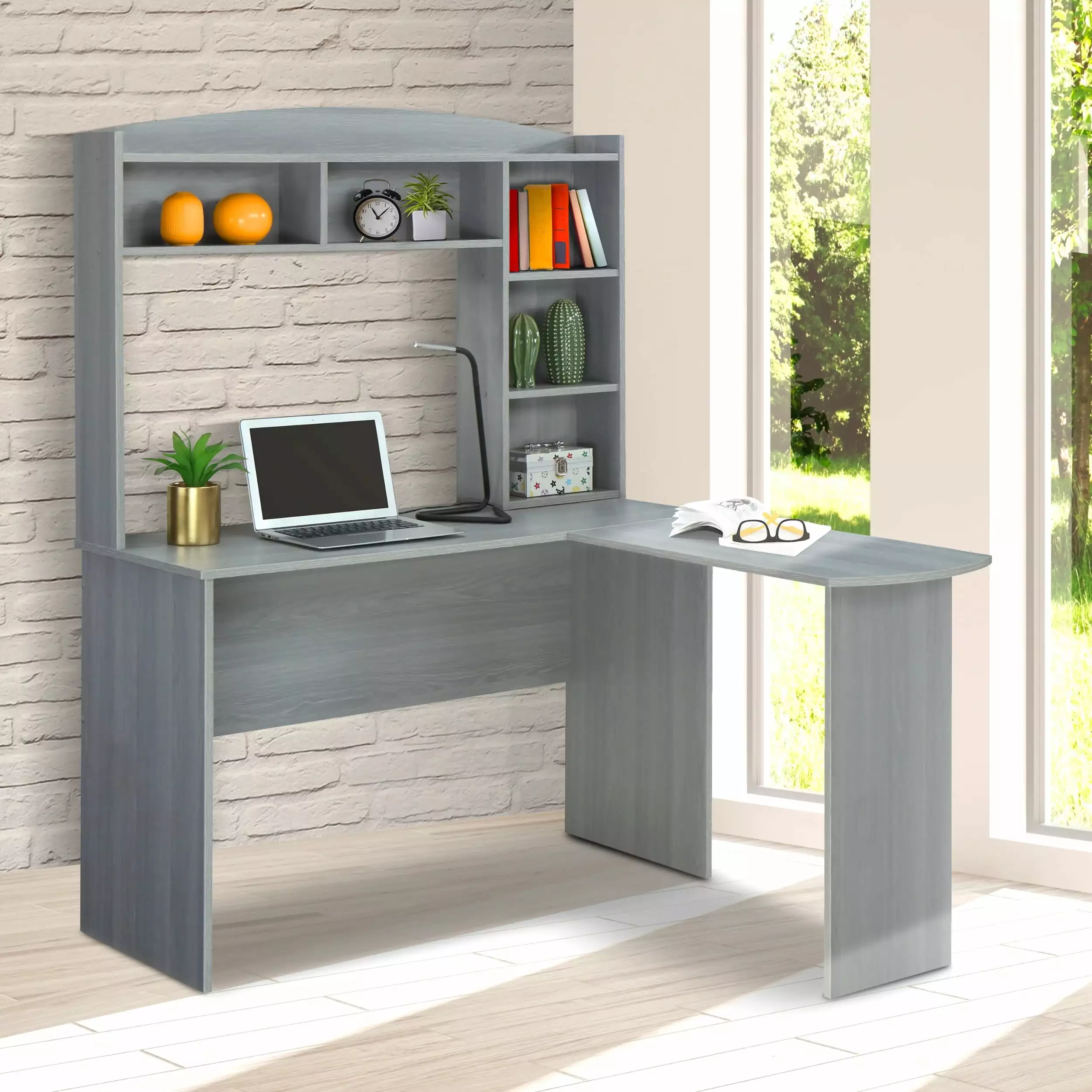 Modern L-Shaped Desk Hutch Grey Finish Home Office unknown