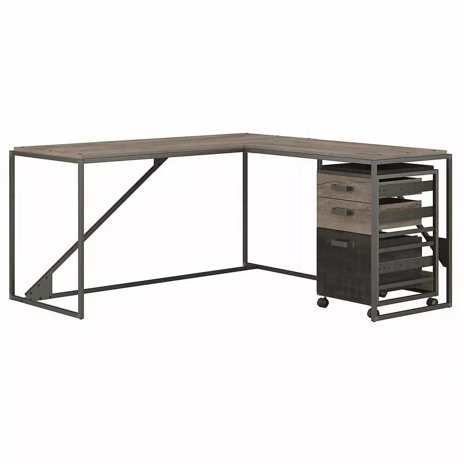 UrbanPro 62W Rustic Gray L Shaped Desk Drawers Engineered Wood Home Office