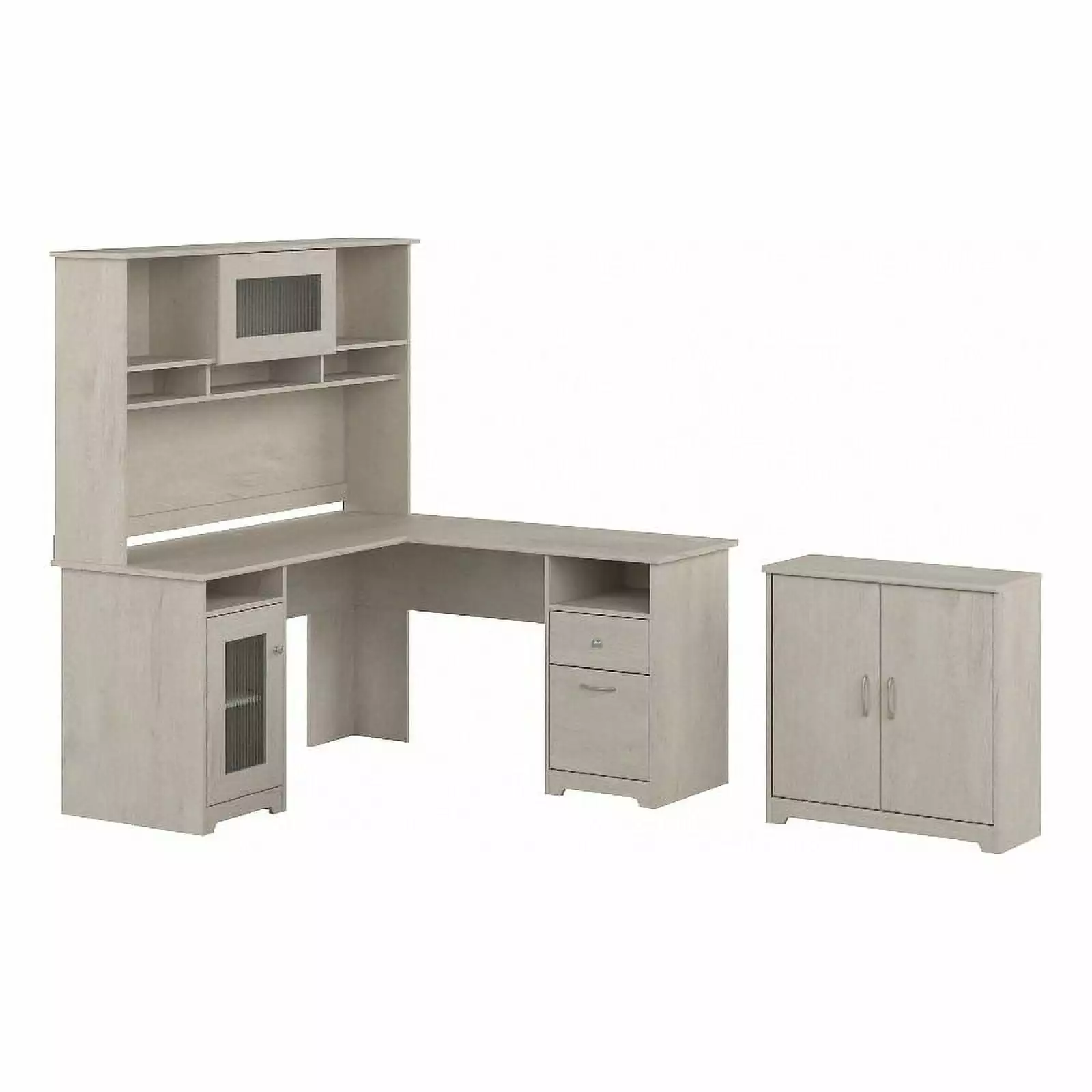 UrbanPro L Desk Hutch and Small Cabinet Linen White Oak Engineered Wood