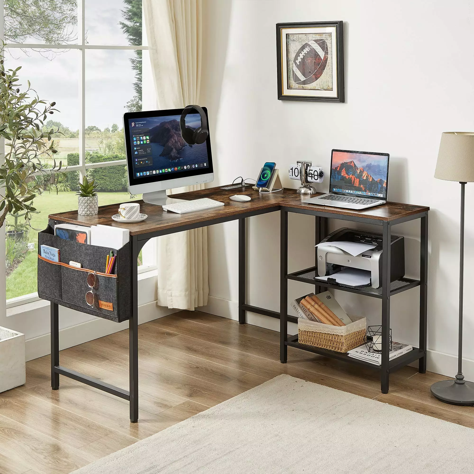 VECELO L-Shaped Computer Desk Power Outlet & USB Charging Port - Modern Corner Gaming Desk Storage Shelf