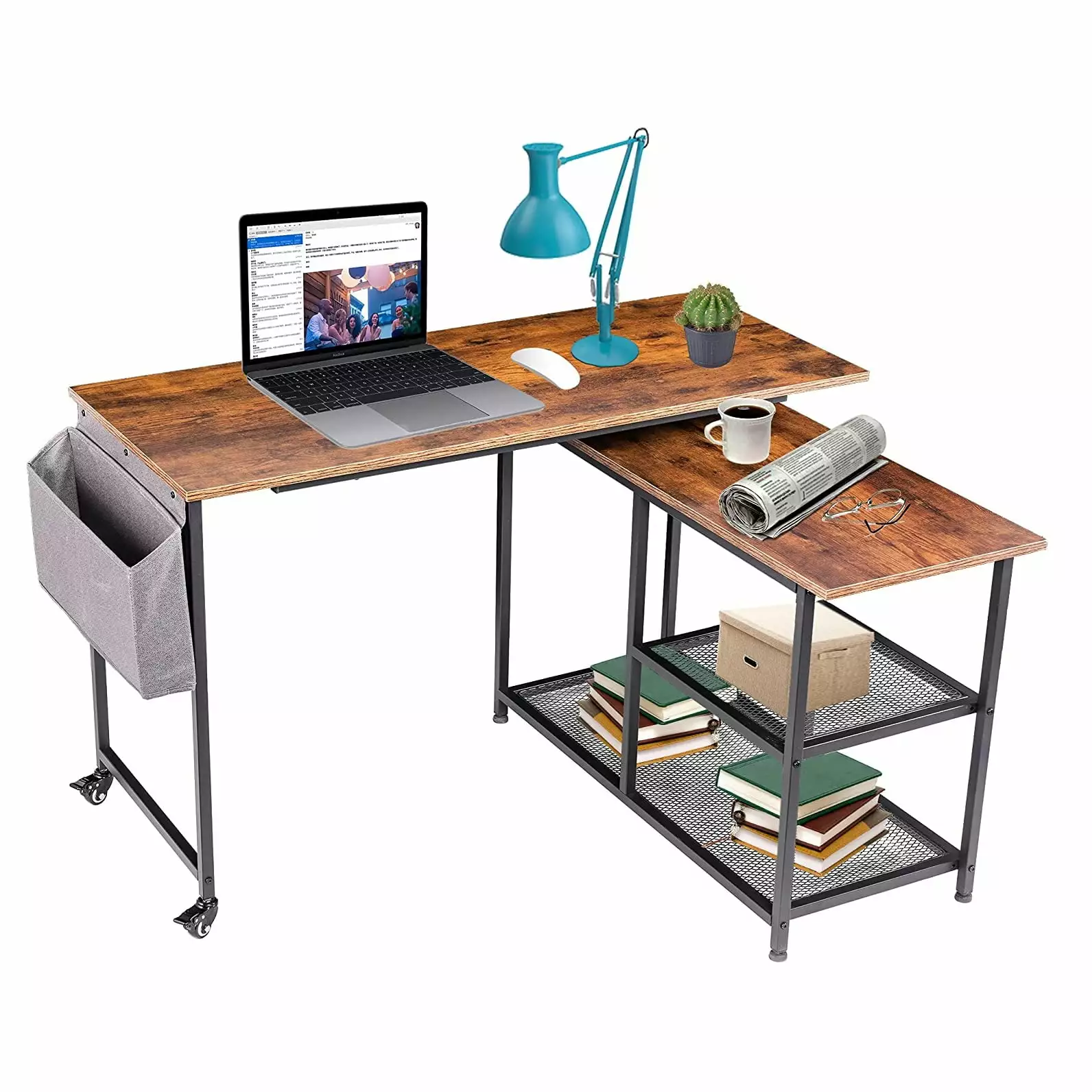 WAYTRIM L-Shaped Corner Computer Desk 360-Degree Rotating Shelves Rustic Brown