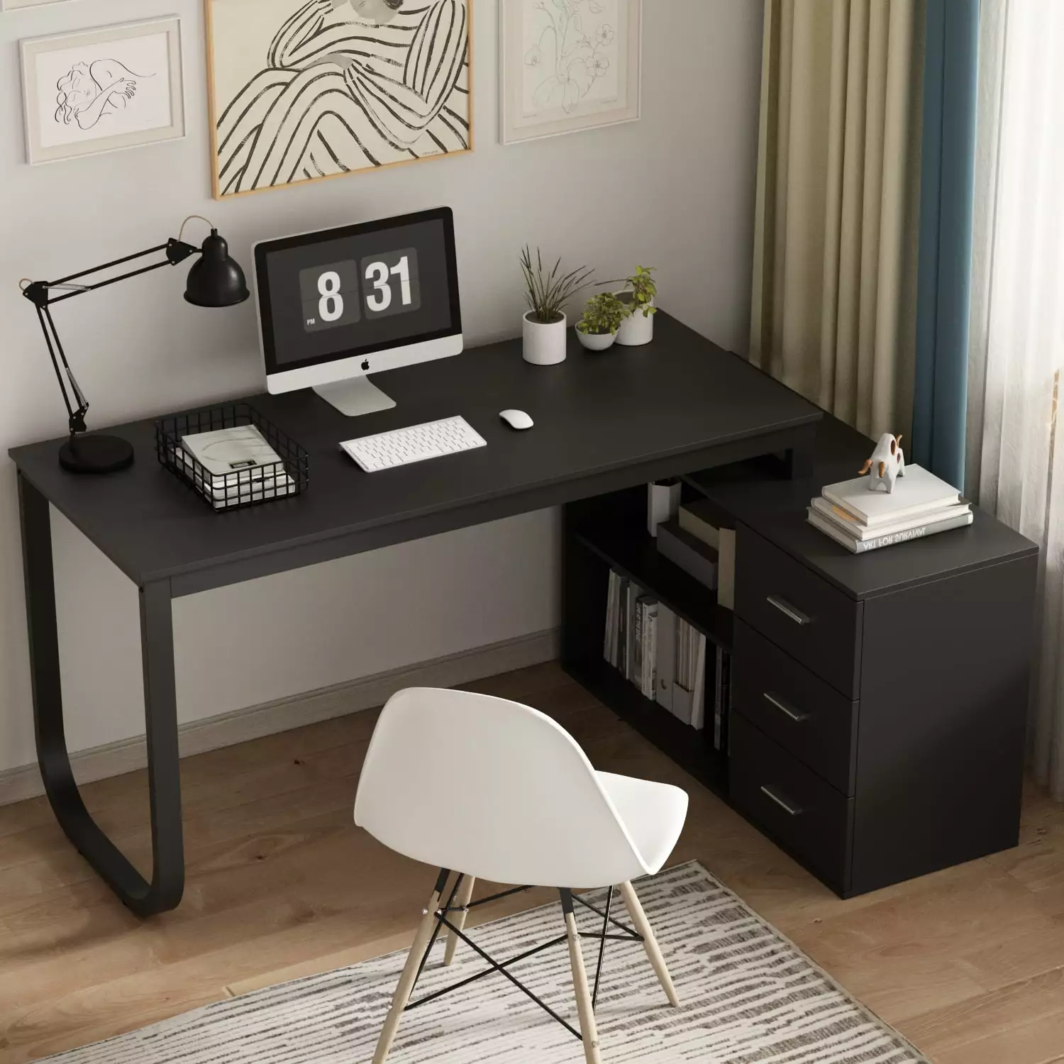 WIAWG Black L Shaped Office Desk Drawers and Shelves Workstation