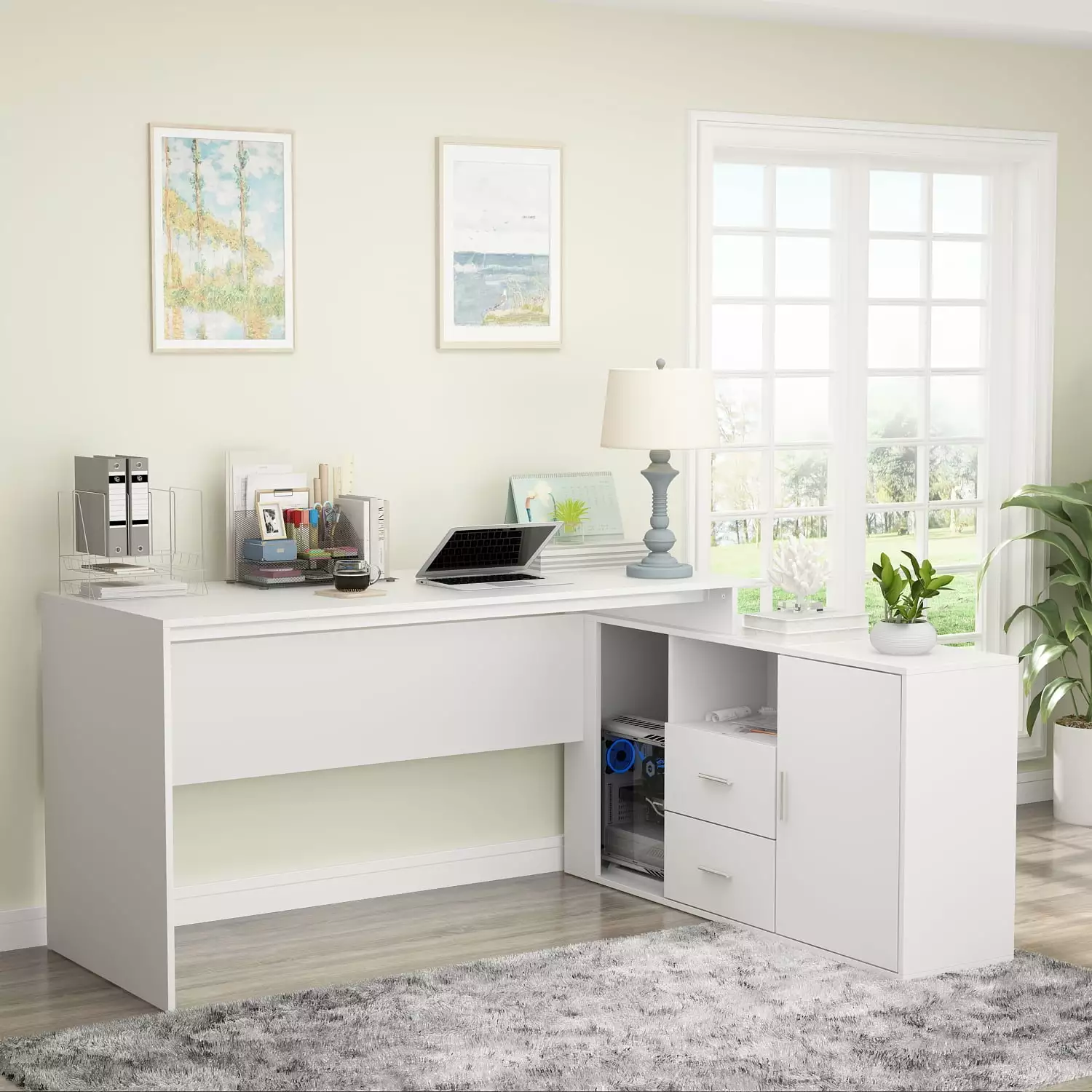 WIAWG L-Shaped Office Desk 55-inch Writing Desk Drawer and File Cabinet White Home Office Workstation