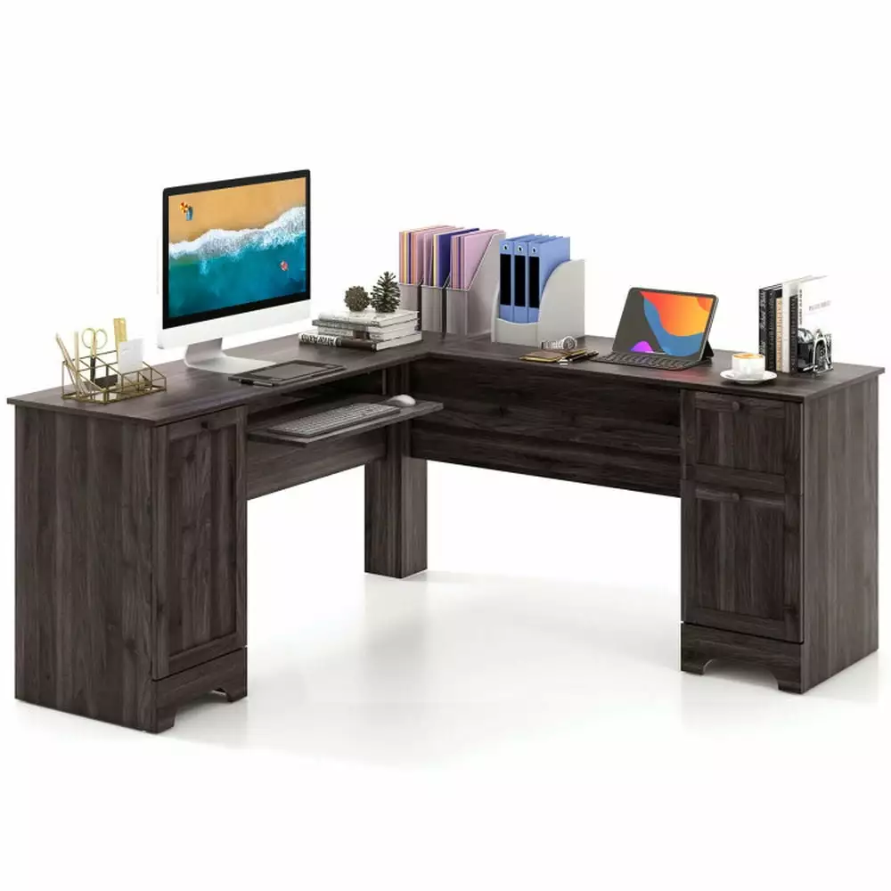 Yardi Yard Dark Brown L-Shaped Office Desk Storage Drawers and Keyboard Tray
