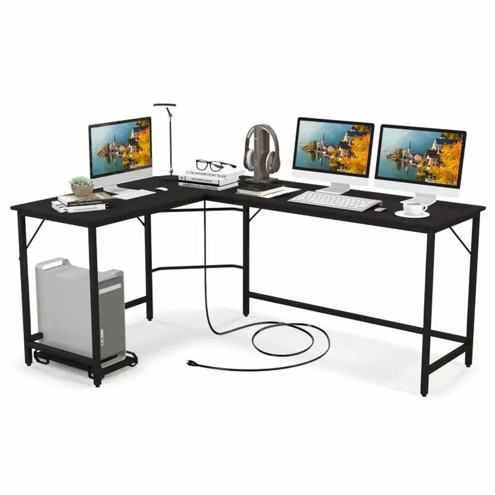 Yardi Yard L-Shaped Computer Desk CPU Stand Power Outlets and USB Ports Black