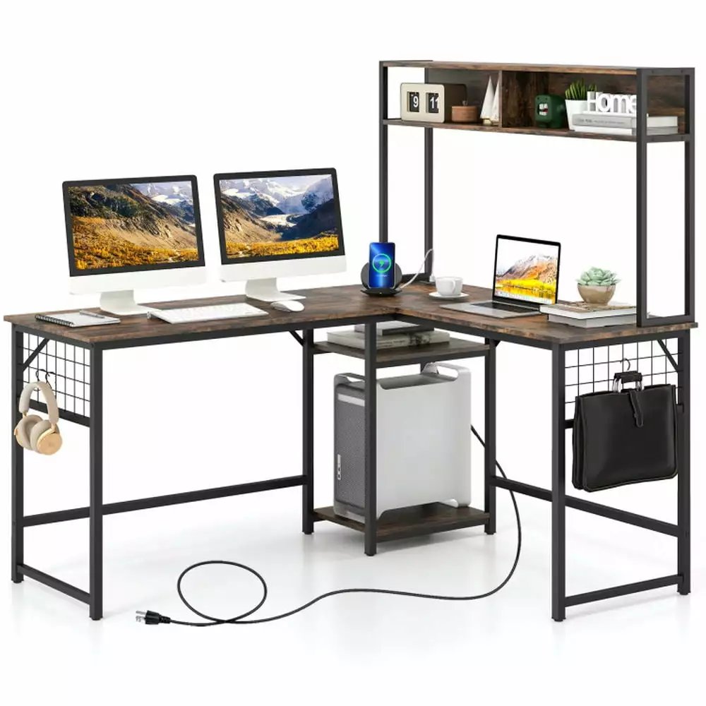 Yardi Yard L-shaped Desk Power Outlet Hutch - Rustic Brown Gaming Computer Desk Study Working Writing
