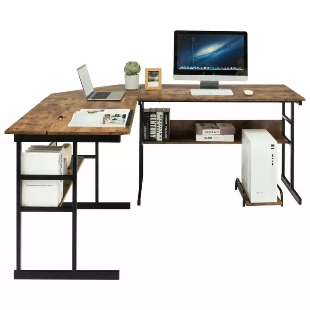 Yardi Yard Rustic Brown L-Shaped Computer Desk Tiltable Tabletop Gaming Study Working