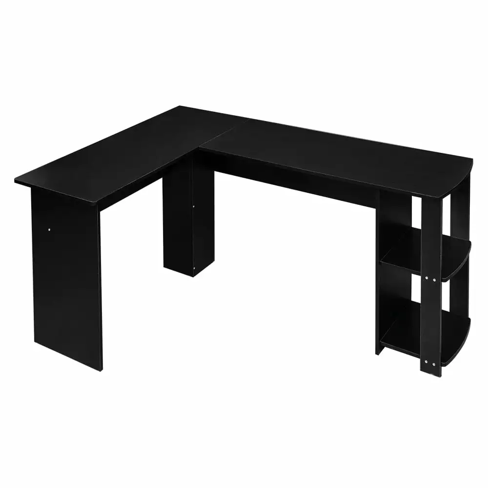 YeekTok L-Shape Wooden Right-angle Computer Desk Two-layer Bookshelves Black