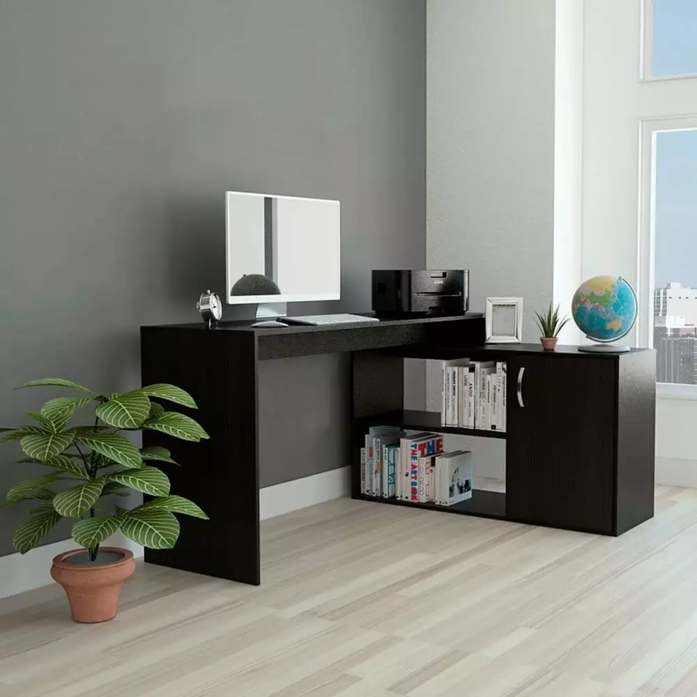 Yiyuanjin Wood L-Shaped Office Desk Drawer, 2 Storage Shelves and Cabinet Door Adults