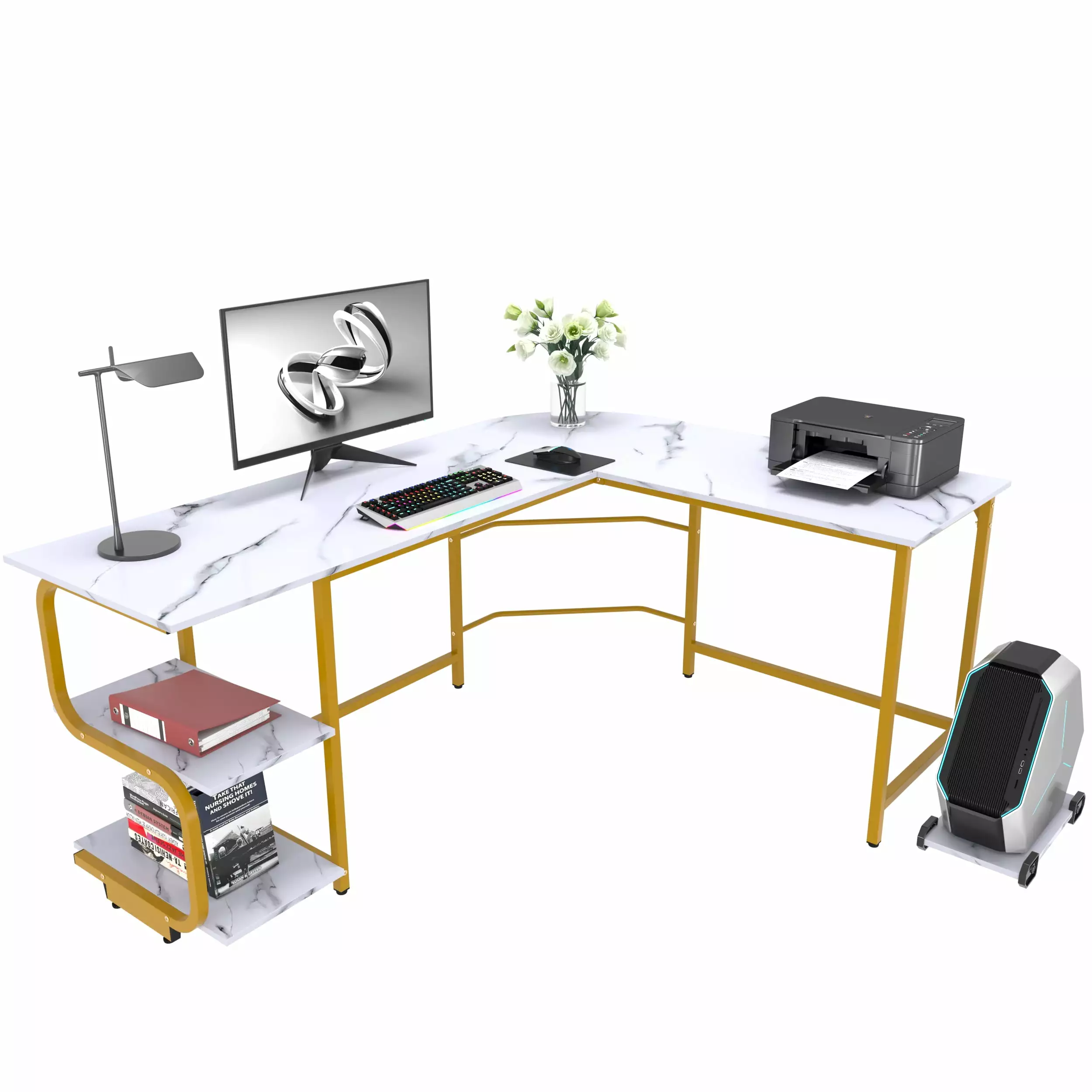 Yoneston Reversible L-Shaped Computer Desk 2-Tier Storage Shelves Home Office