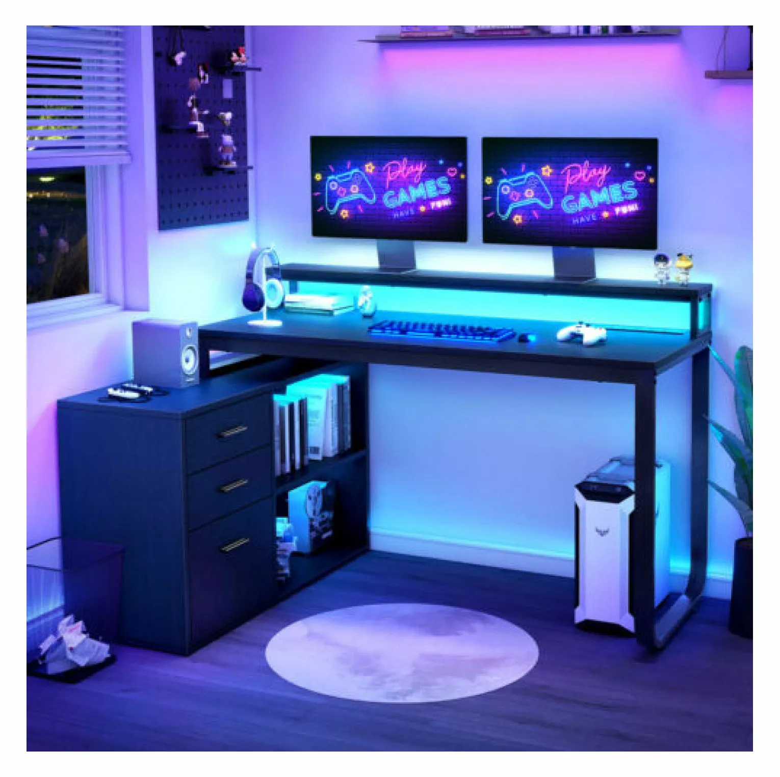 Yunhouse L Shaped Desk File Drawer & Power Outlet LED - Corner Computer Desk Gaming Desk