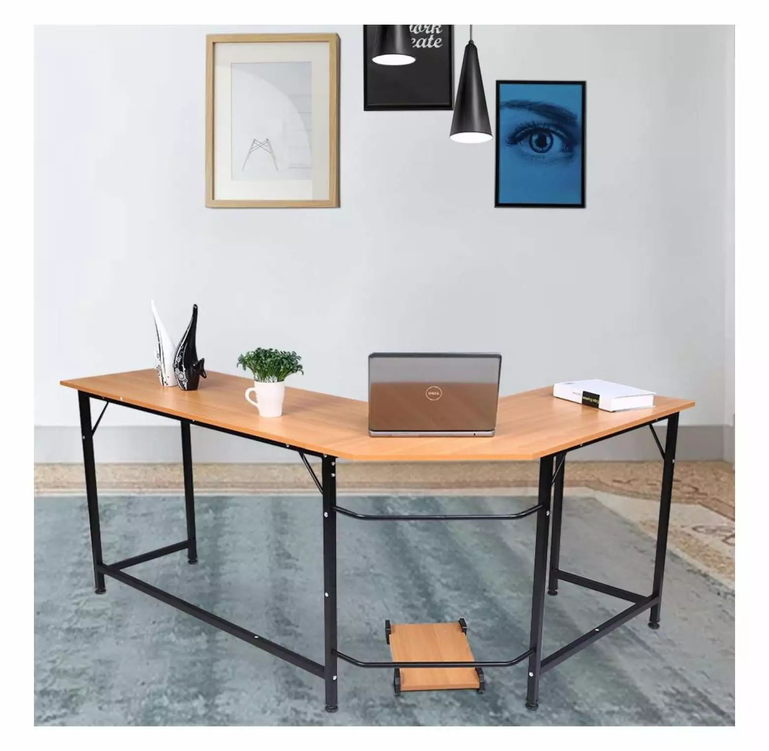 Yunhouse L Shaped Office Computer Desk Corner Gaming Table Workstation CPU Stand
