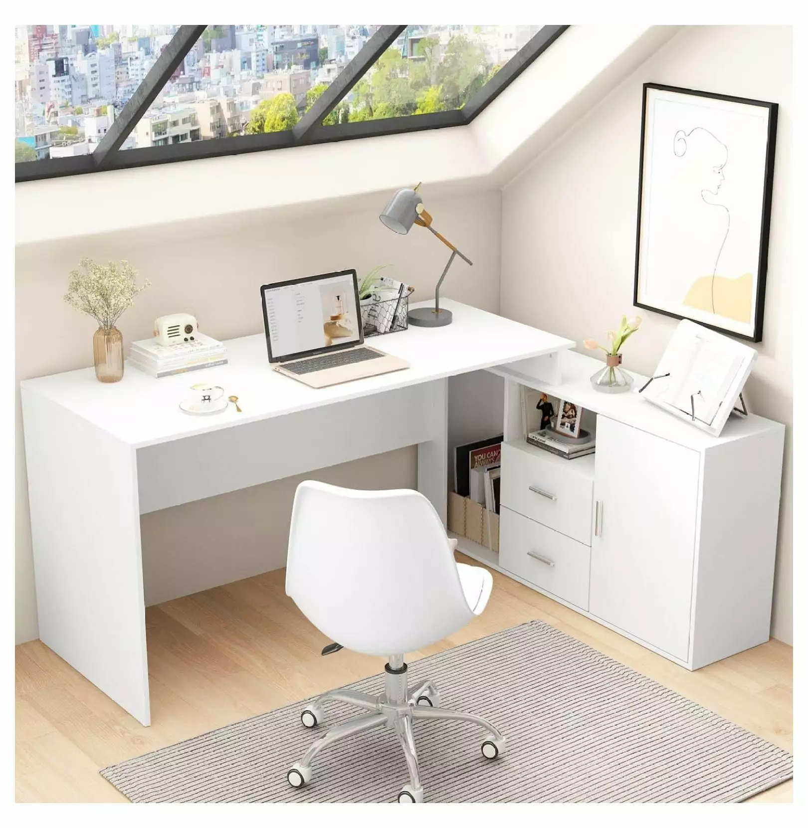 Yunwen Executive L-Shaped Desk 2 Drawers & Open Shelf - Modern White Office Desk