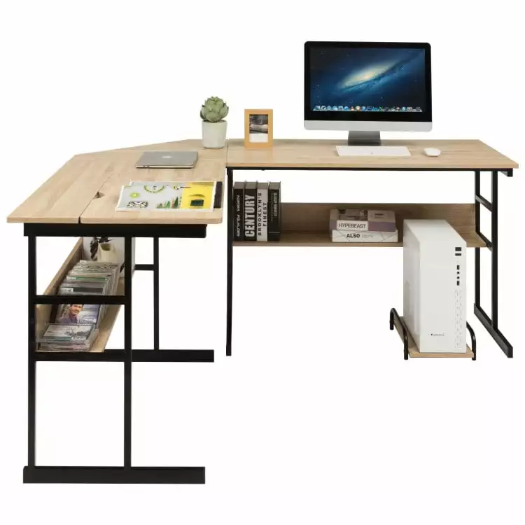 YYAo Natural L-Shaped Corner Computer Desk Tiltable Tabletop Study Working Writing