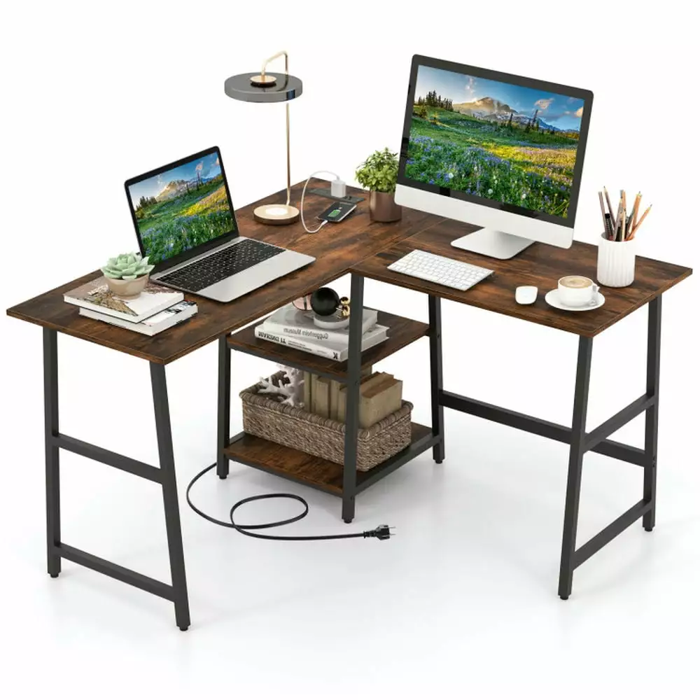 YYAo Sturdy Computer Workstation L-Shaped Corner Computer Desk Writing Table Storage Shelves Brown