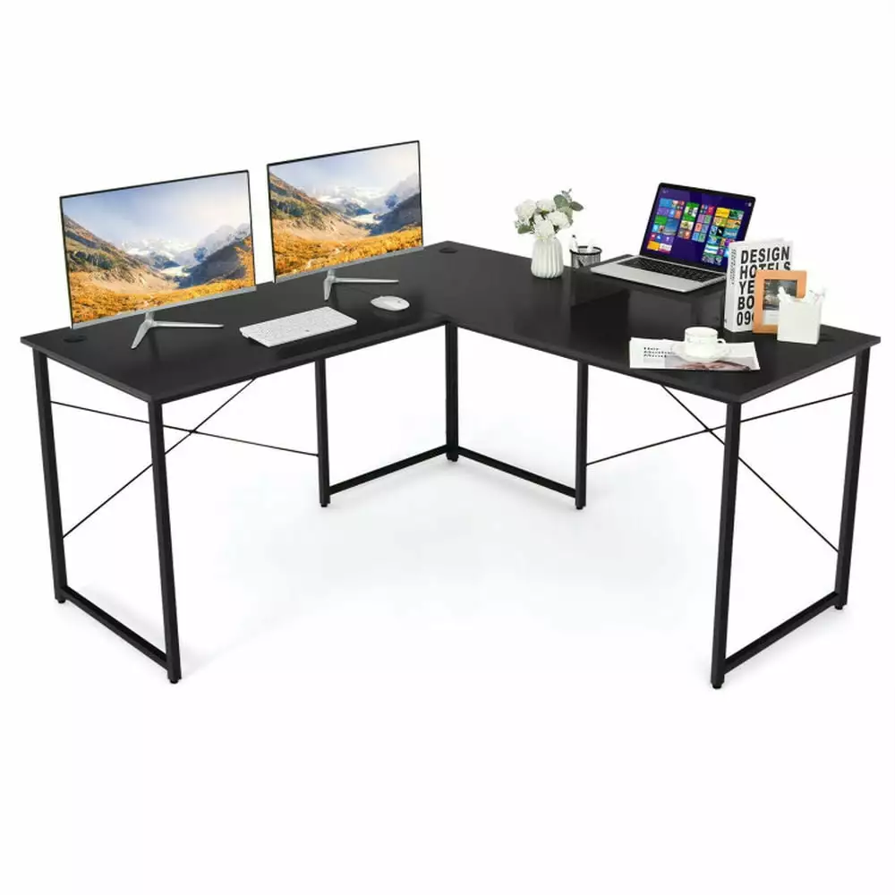 YYAo Sturdy Computer Workstation - L-Shaped Corner Computer Desk Writing Table Black