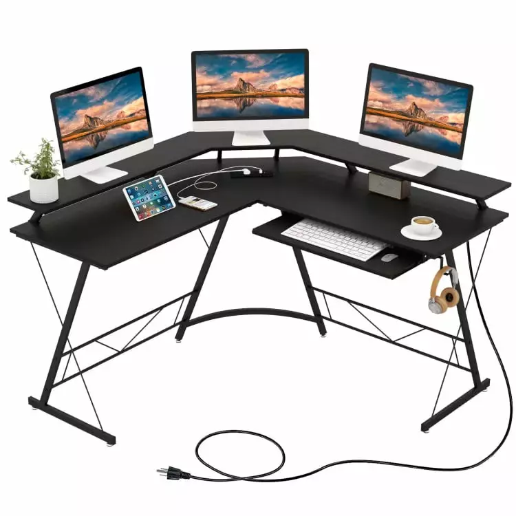 YYAo Sturdy L-Shaped Corner Computer Desk Power Outlet Monitor Stand Black Writing Table Workstation