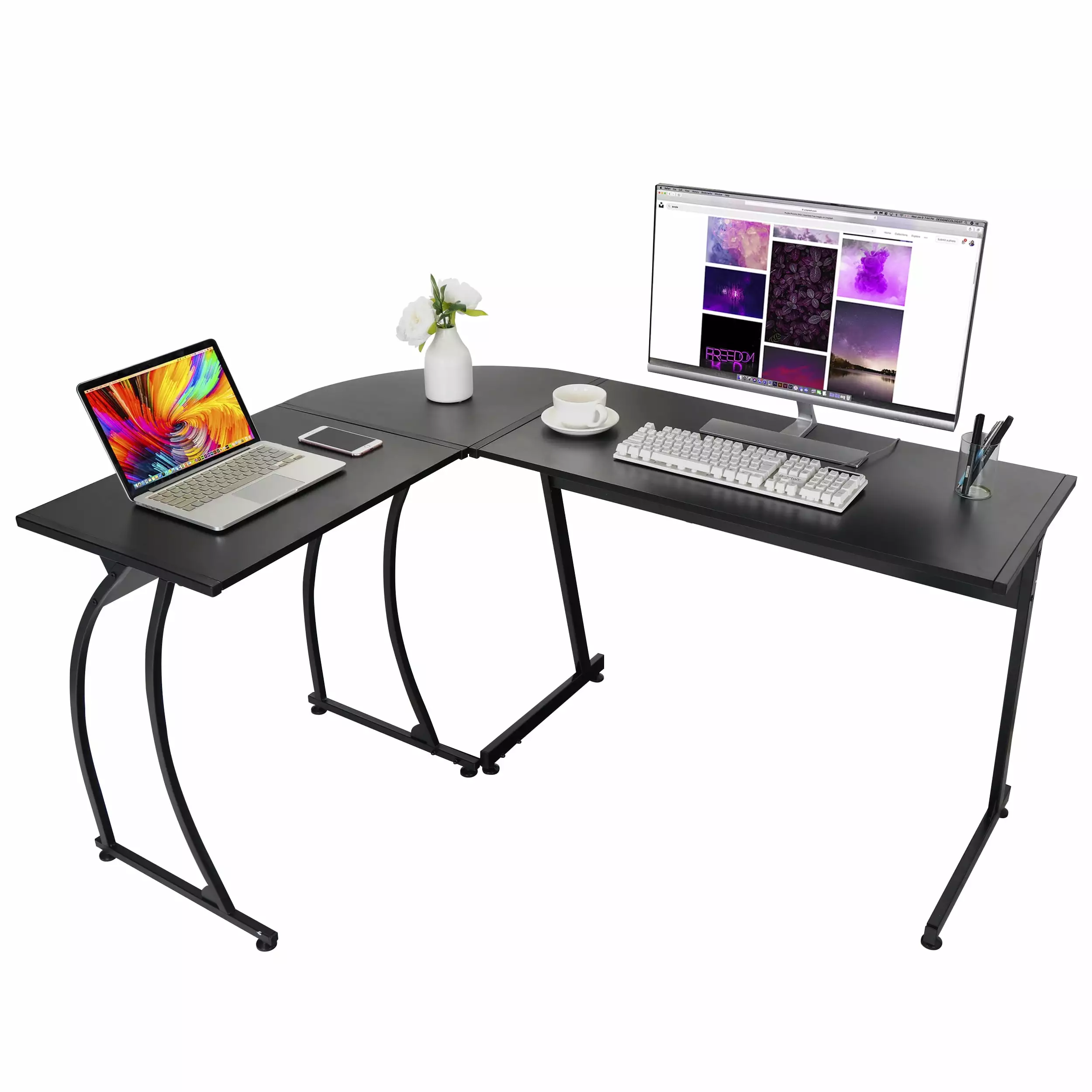ZENY Modern L-Shaped Laptop Corner Desk Black Anti-Rust Computer Workstation
