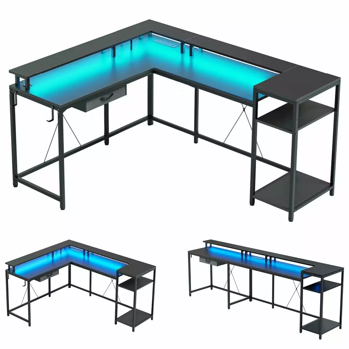 Zzistar L Shape Gaming Desk Power Outlets & LED Lights - 68 Home Office Desk File Drawer and Monitor Stand