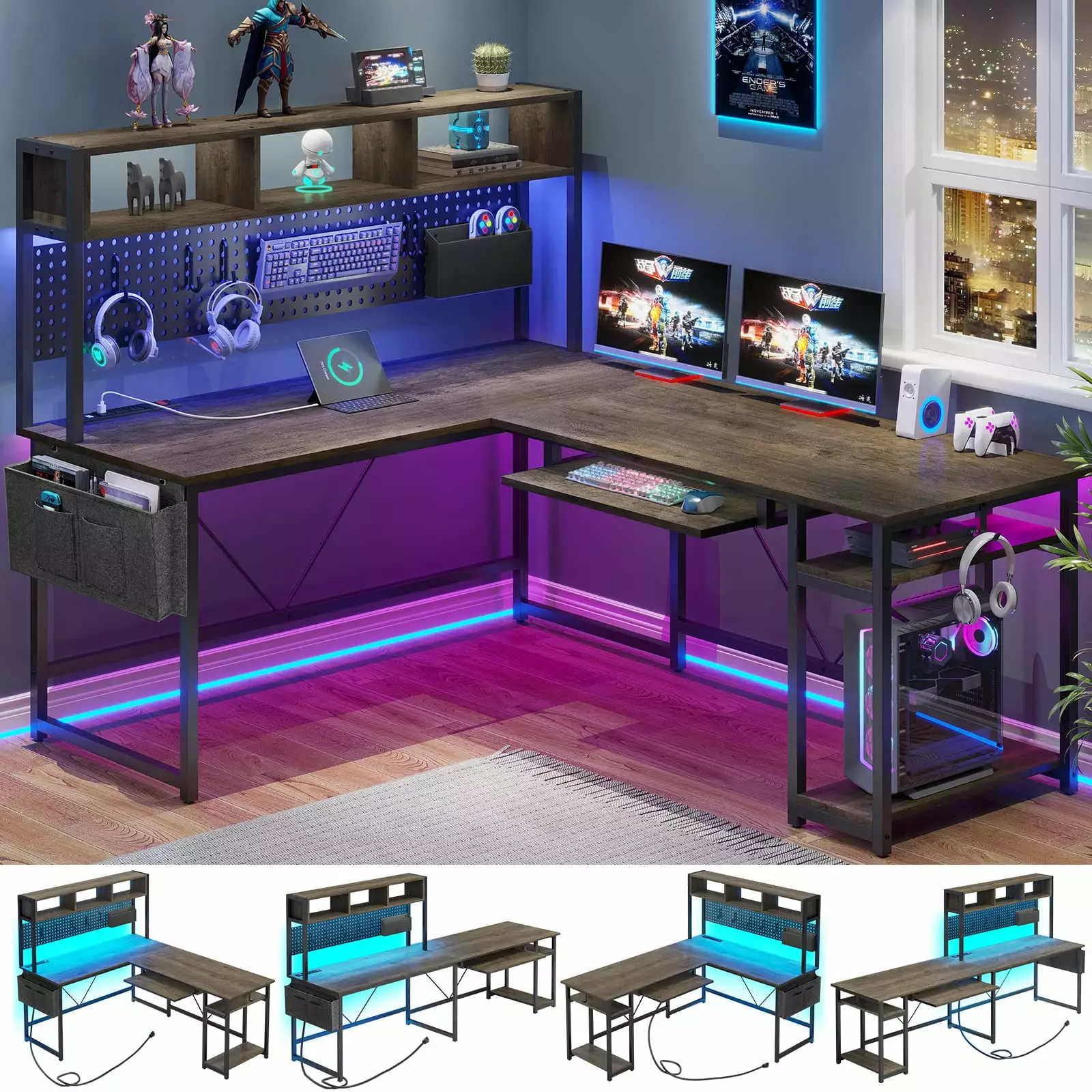 Afuhokles L Shaped Gaming Desk LED Light Power Outlet and Pegboard Sedeta