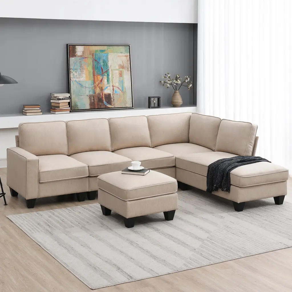 104.3x78.7 Inch Modern L Shaped Sectional Sofa 7 Seat Linen Fabric Couch gt