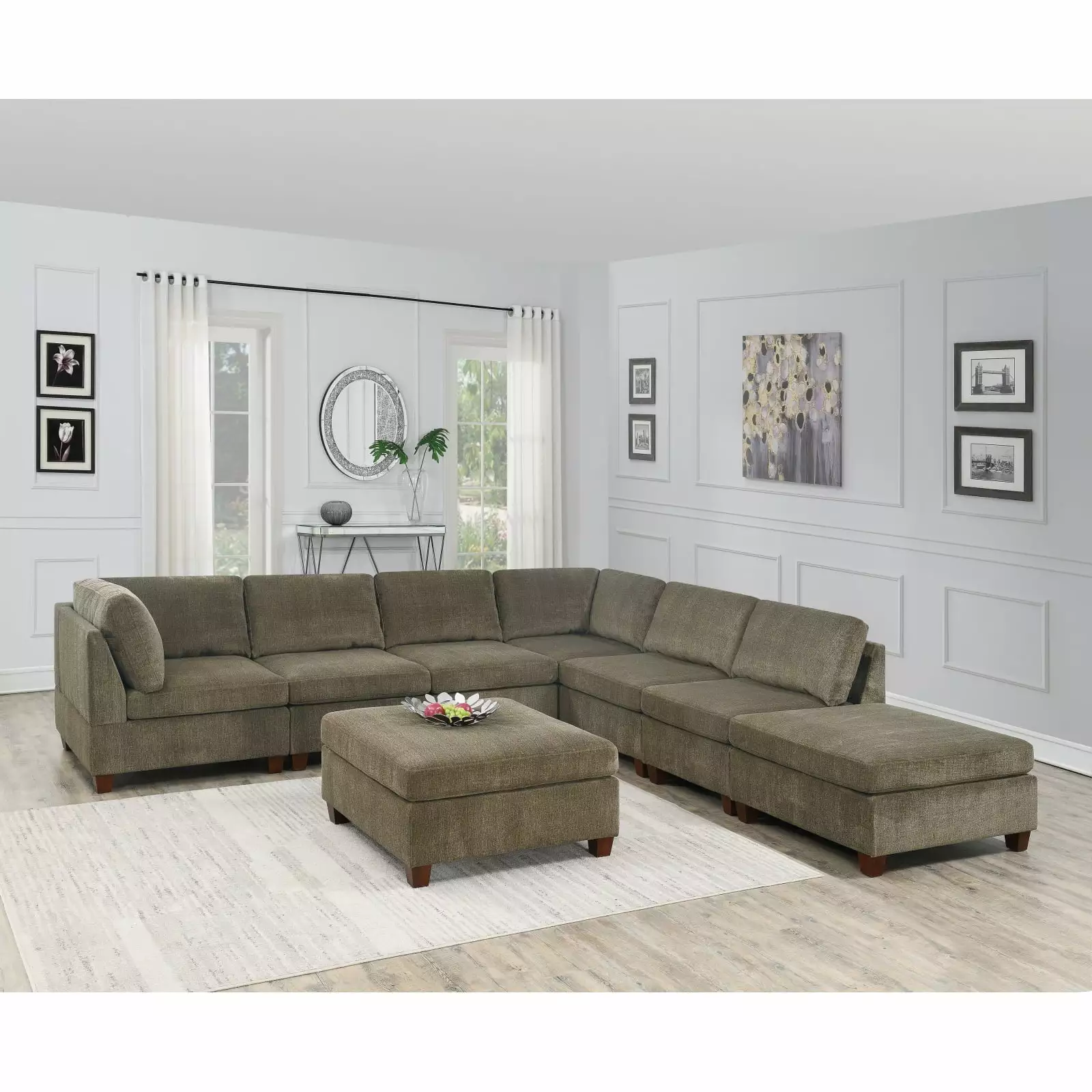 Miekor Furniture Tan Chenille Modular Sectional 8pc Set 2 Corner Wedges 4 Armless Chairs and 2 Ottomans