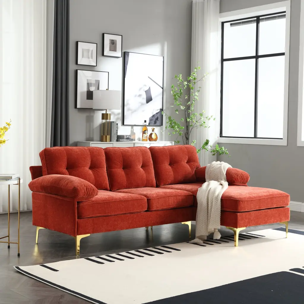 L-Shaped Sofa Red Chenille Fabric Modern Living Room nan kun
