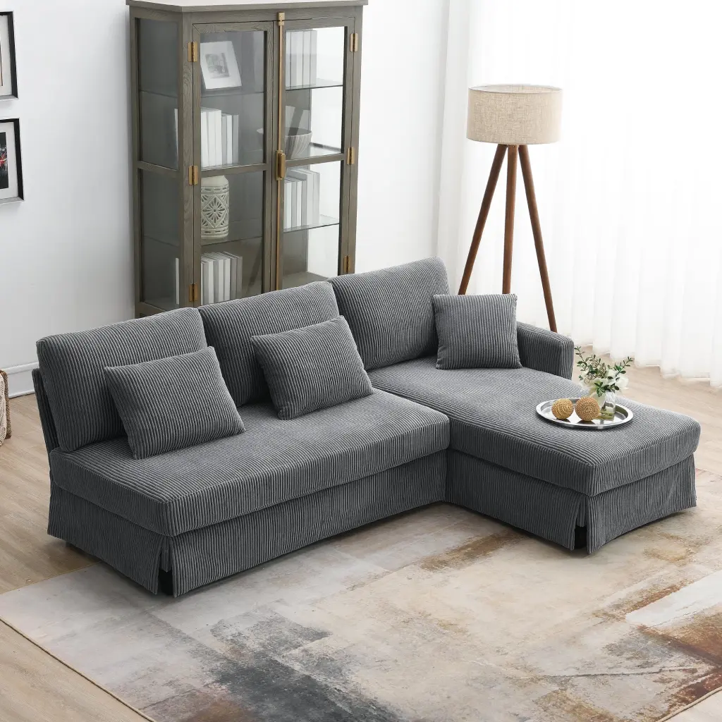 87x61 Inch Modern L-Shaped Corduroy Sofa Reversible Chaise - 4 Seater rnb