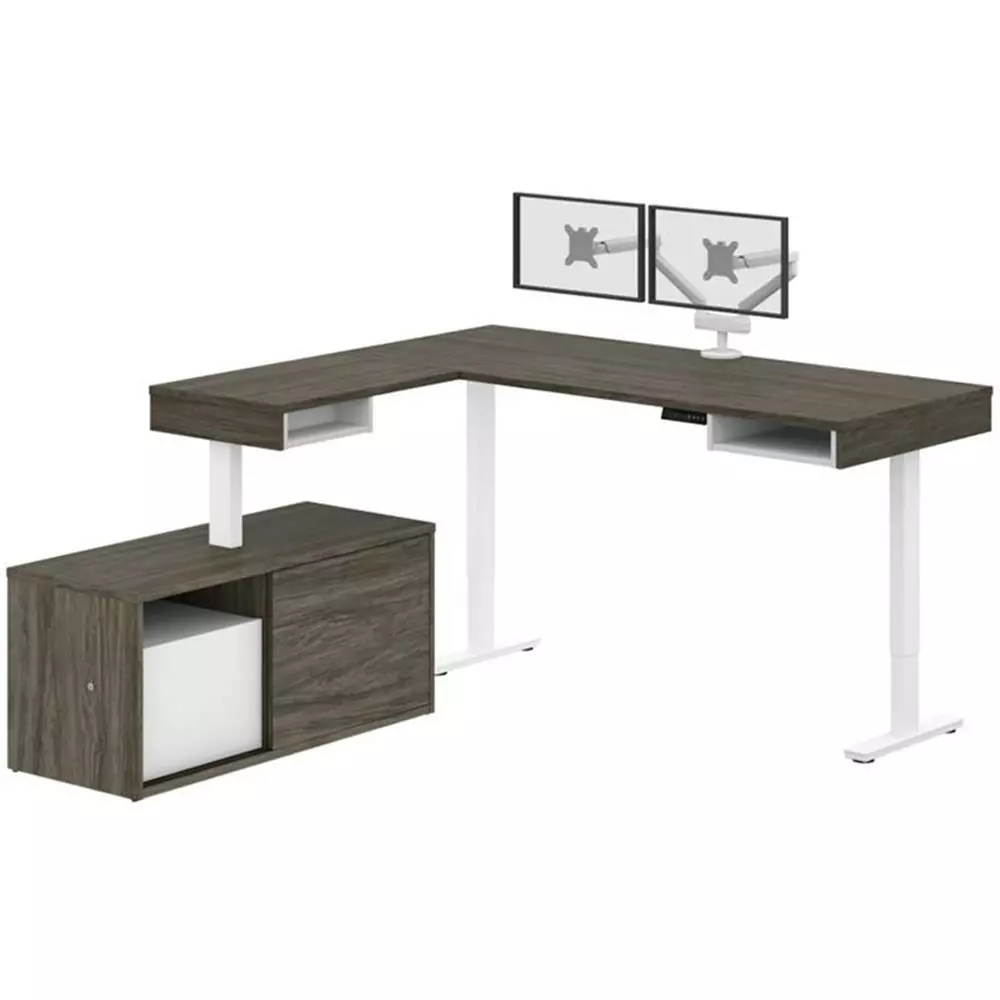 Pemberly Row L Shaped Adjustable Standing Desk Credenza and Monitor Arms Home Office
