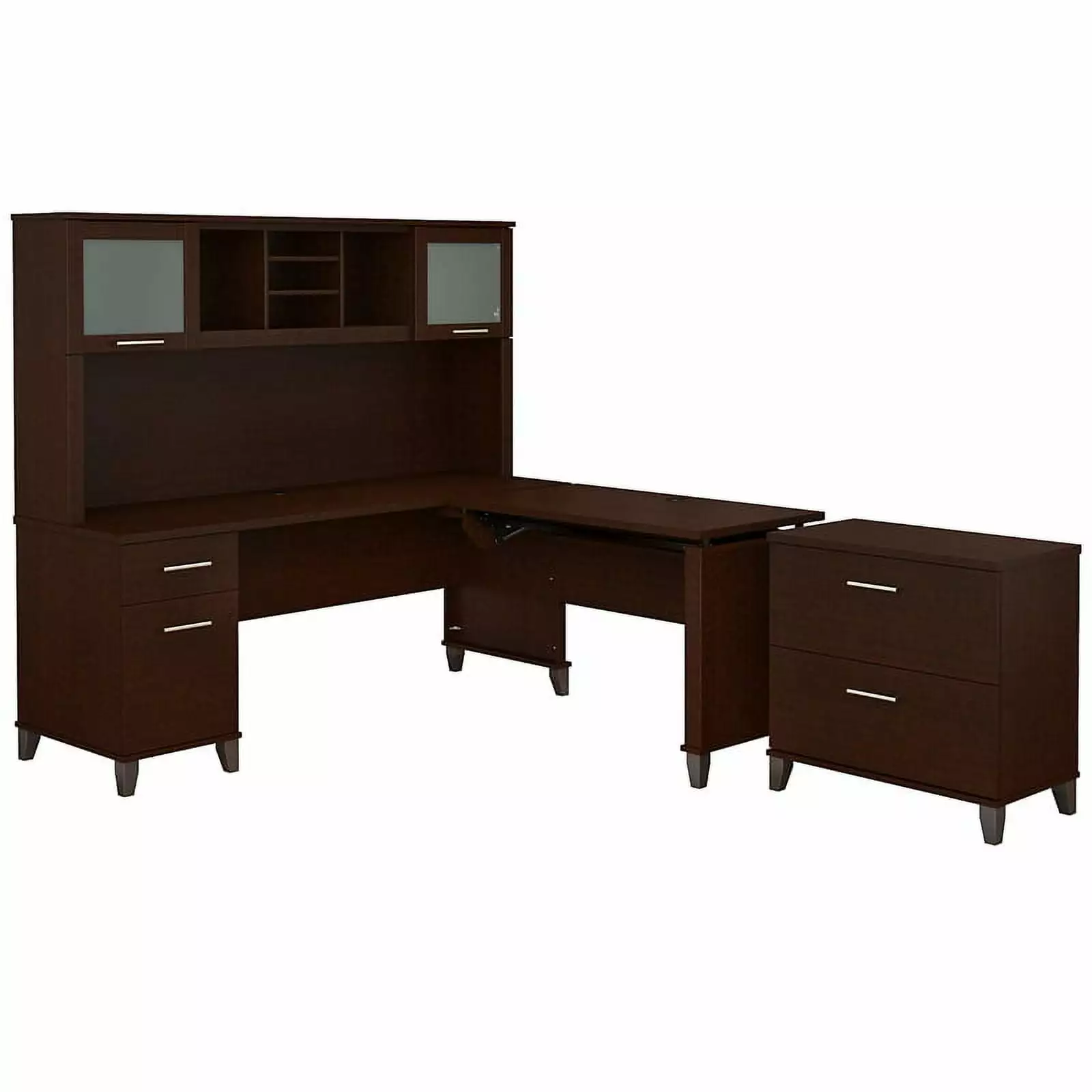 UrbanPro Sit to Stand L Desk Hutch and Cabinet Cherry Finish