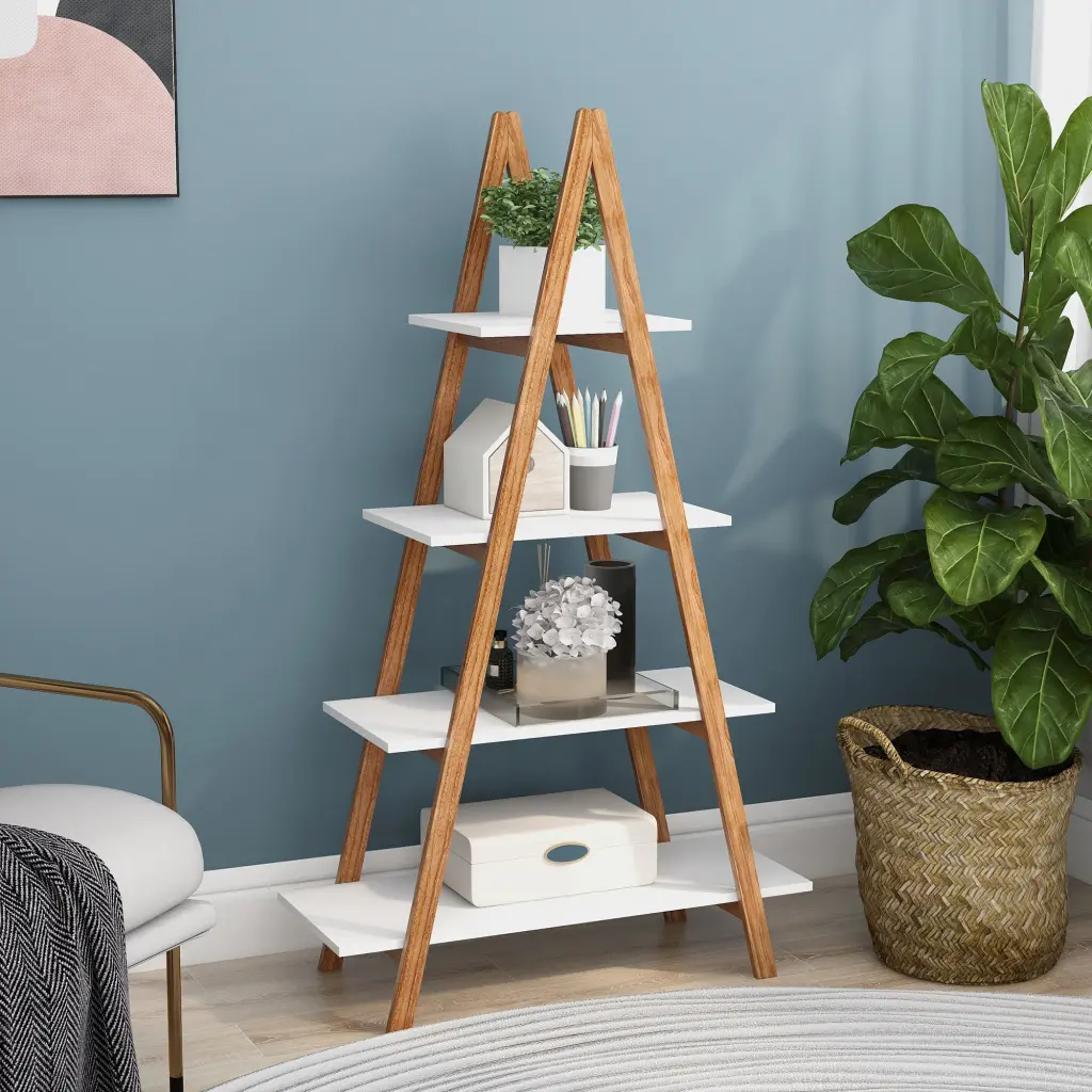 Solid Bamboo Wood Oxford Frame Ladder Presentation Bookshelf White Mdf cl worthy houseware co.-ltd.