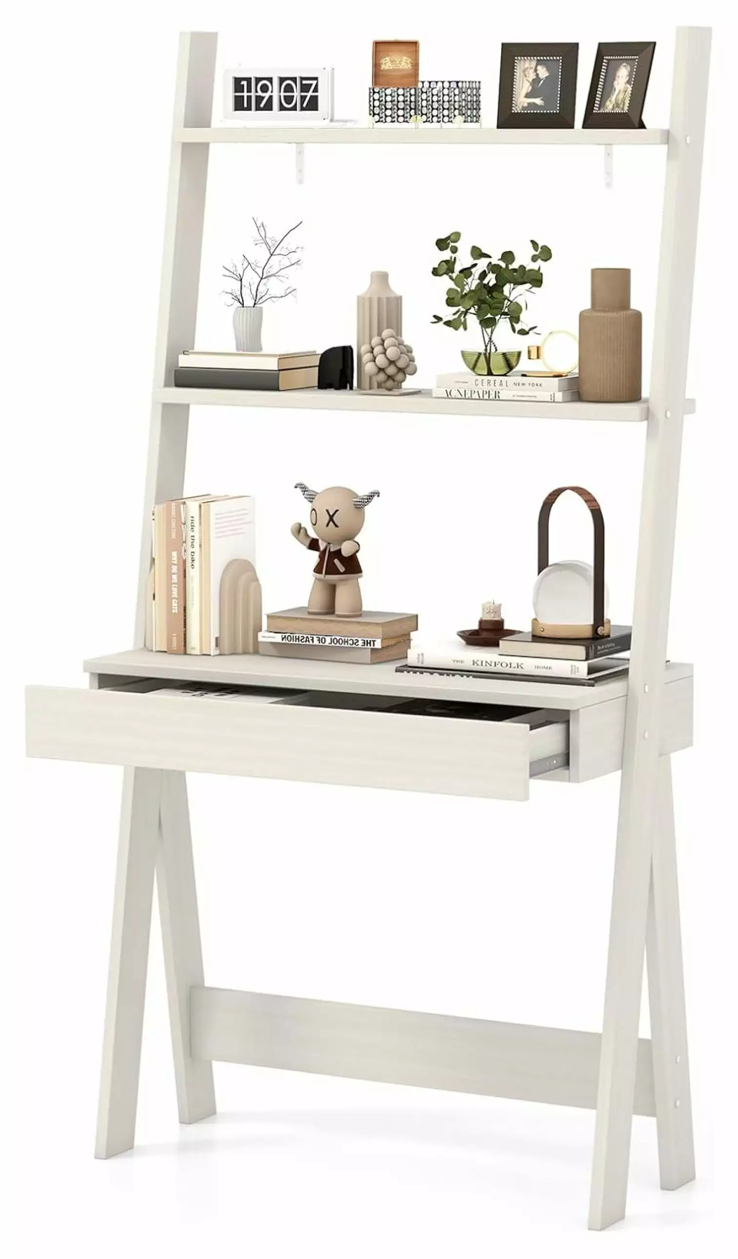 Killeryuki Ladder Desk Countertop & Drawer Freestanding 2-Tier Ladder Shelf Desk Modern Computer Desk