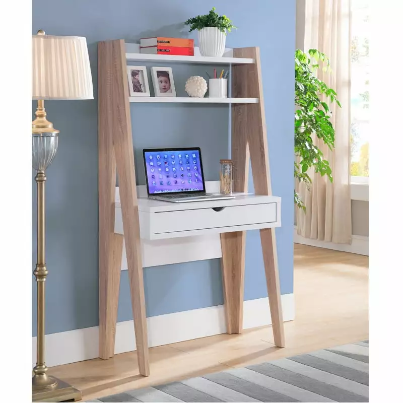 NOBRAND Ladder Desk Two-Tone Home Office Study Desk Drawer and Two Shelves White Weathered White