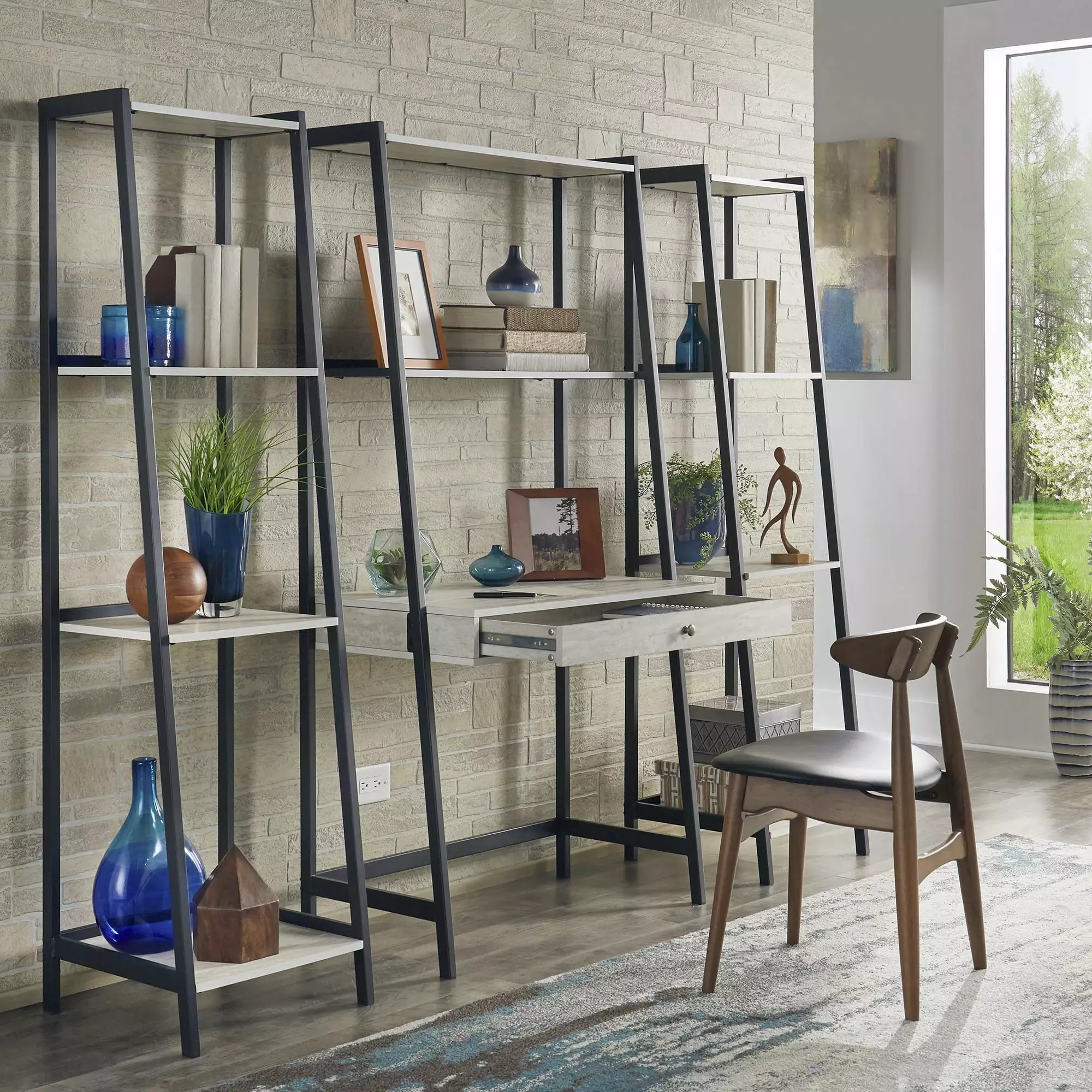 Weston Home Martin Marble 3-Piece Ladder Desk and Bookcase Set Matte Black Finish