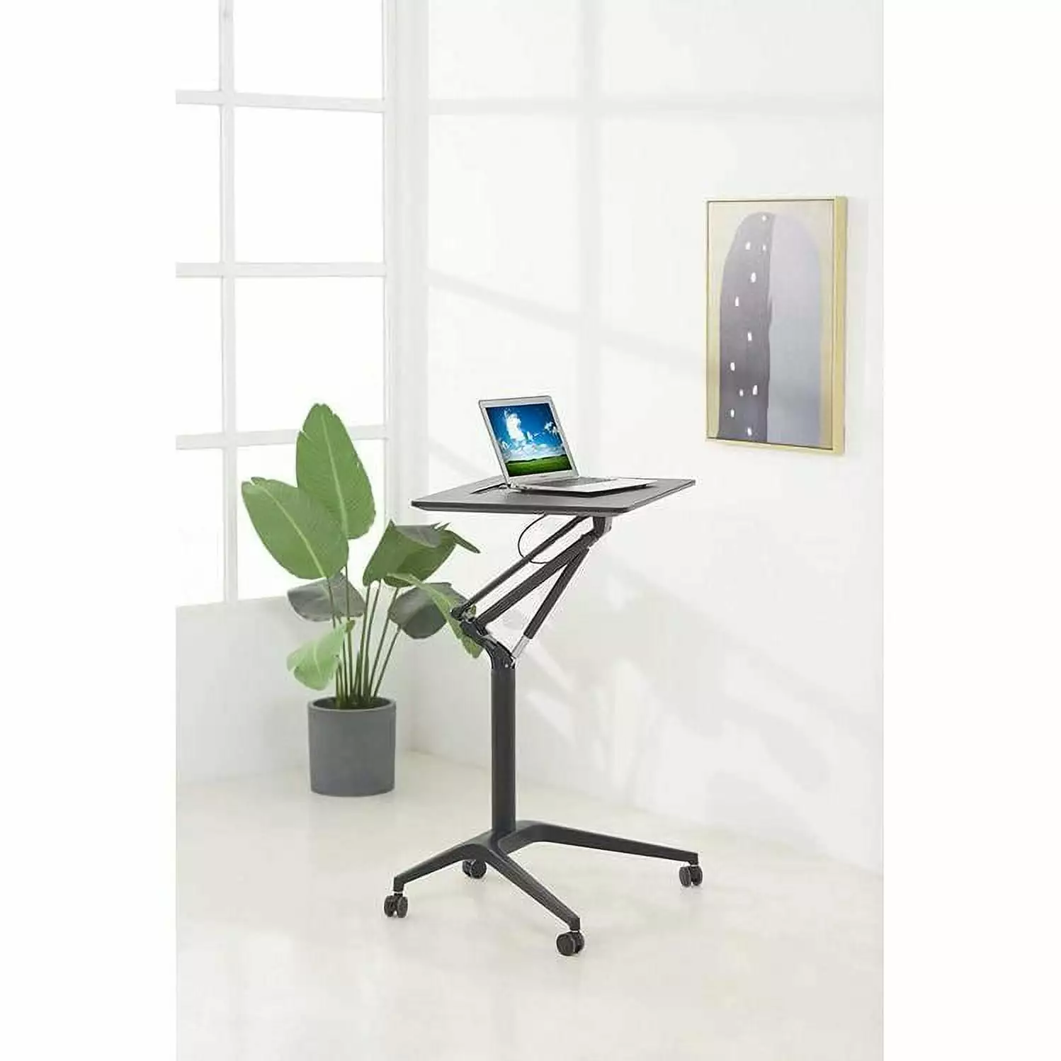 ApexDesk 28 Inch Metal and Wood Mobile Pneumatic Laptop Rolling Desk Black Adjustable Height Office Desk