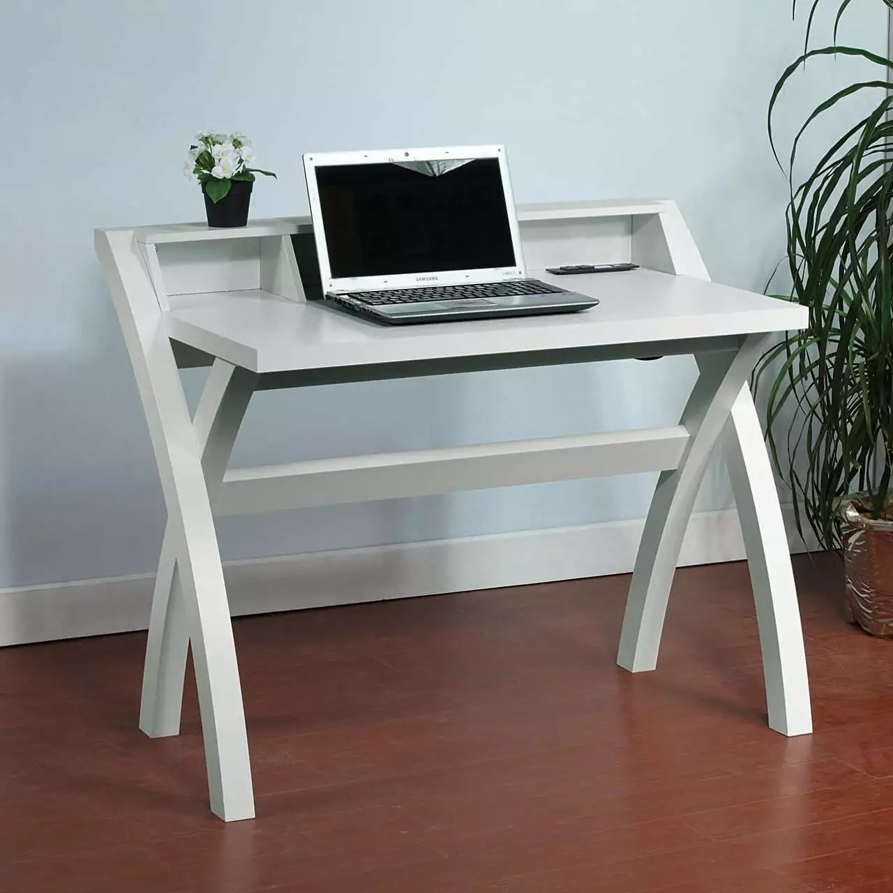 Sleek White Laptop Desk USB Ports and Outlet Cross Legs Home Office Desk DJ Corp Design