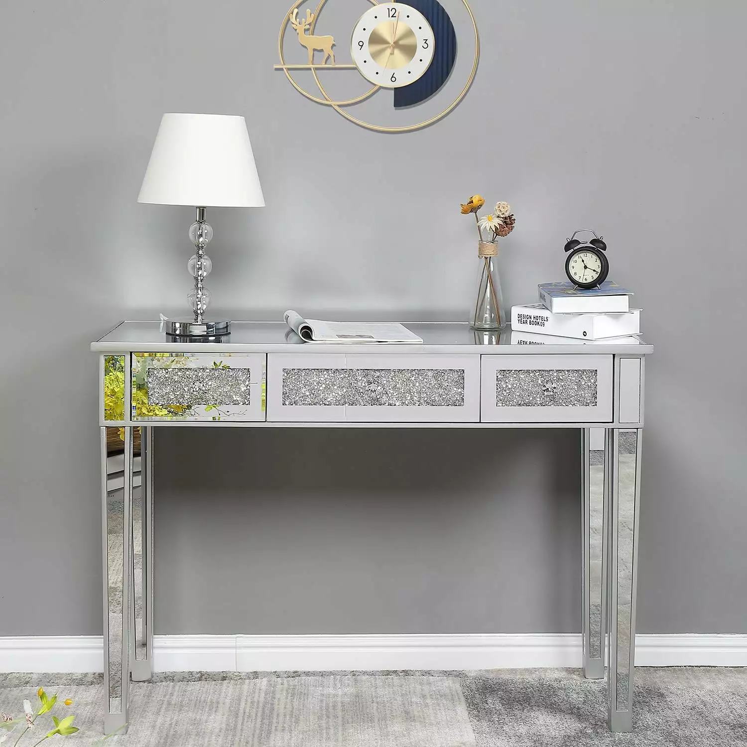 UBesGoo Computer Desk Mirrored Surface Laptop Table 3 Broken Glass Drawers Silver FCH